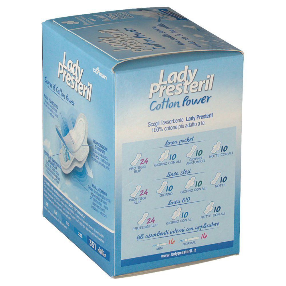 Confezione Lady Presteril Cotton Power pocket. Scatola blu con immagine del prodotto e testo. Diverse varianti illustrate. 100% cotone.