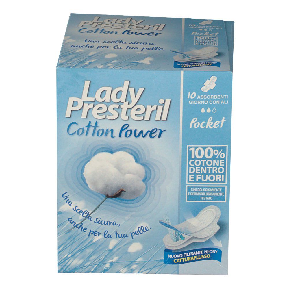 Confezione Lady Presteril Cotton Power pocket. Scatola blu con immagine del prodotto e testo. 100% cotone dentro e fuori.
