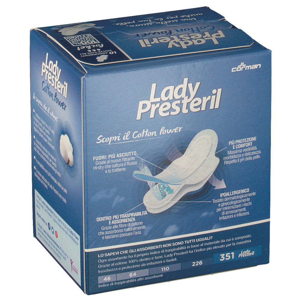 Confezione Lady Presteril pocket. Scatola blu con immagine del prodotto e testo. Contiene 10 assorbenti notte con ali.
