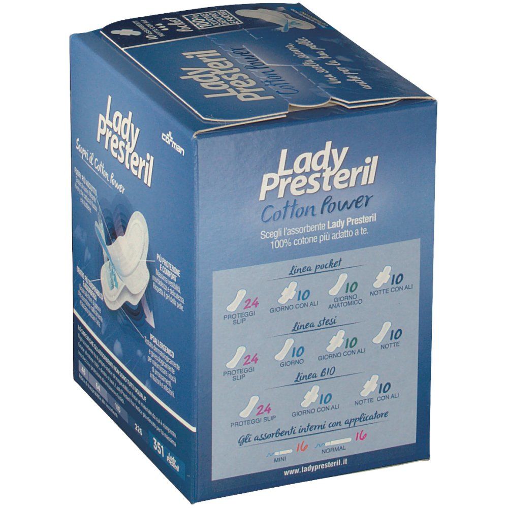 Confezione Lady Presteril pocket. Scatola blu con immagine del prodotto e testo. Contiene 10 assorbenti notte con ali.