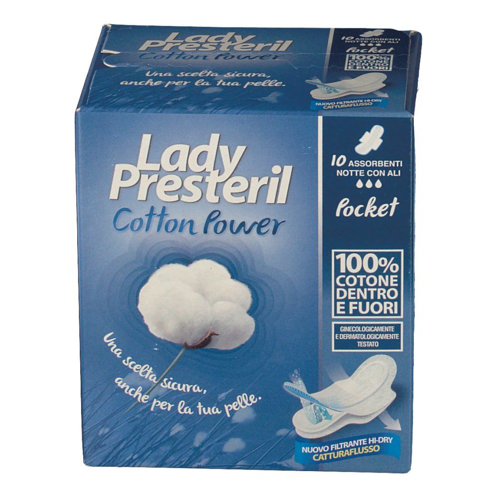 Confezione Lady Presteril pocket. Scatola blu con immagine del prodotto e testo. Contiene 10 assorbenti notte con ali.