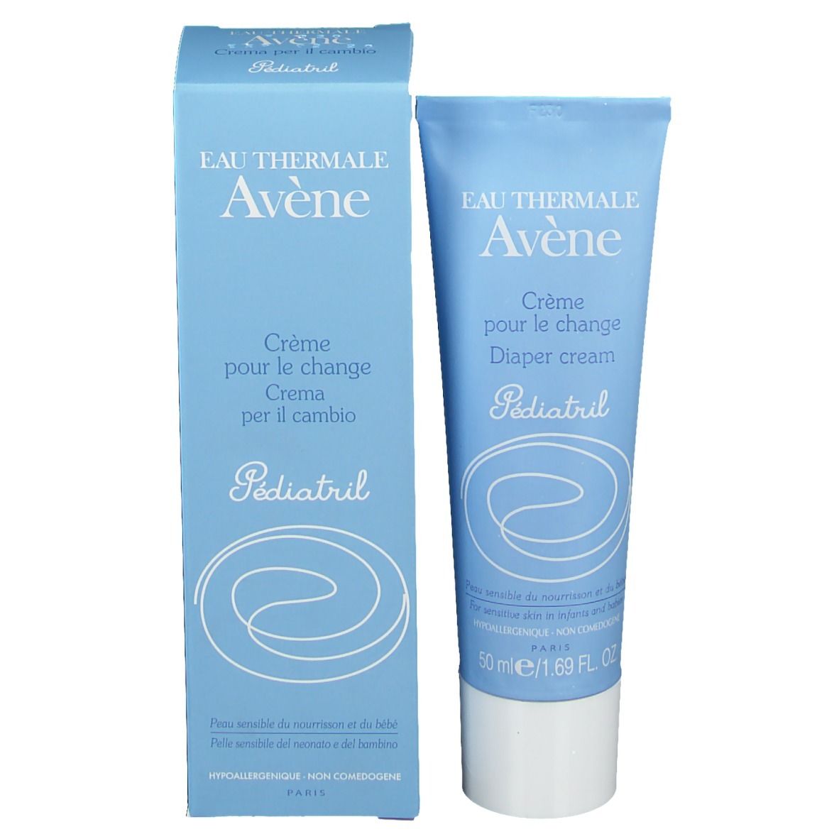 Scatola e tubo azzurro chiaro. Scritta: Eau Thermale Avène, Crème pour le change, Diaper cream, Pédiatril. 50 ml. Scatola a sinistra, tubo a destra.