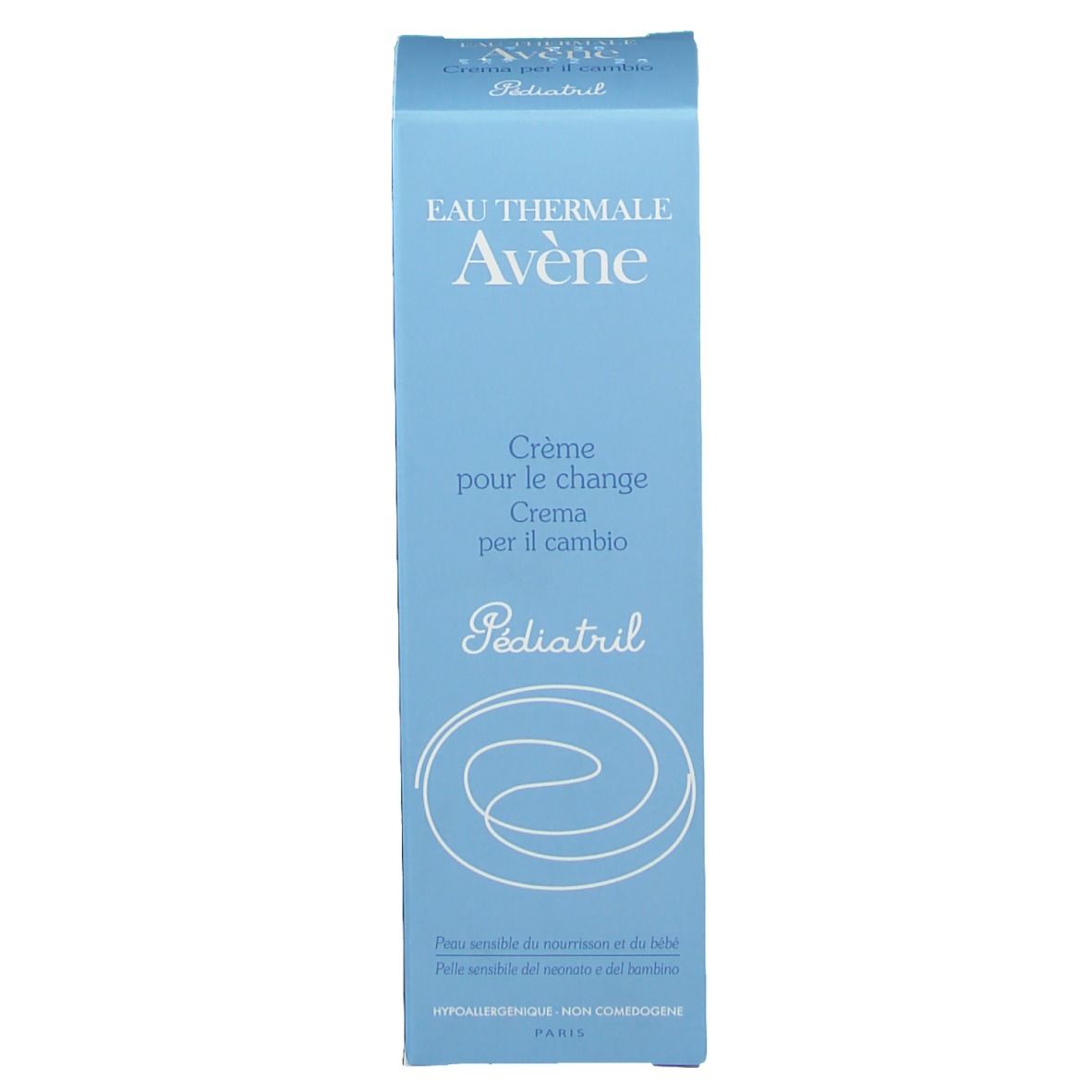 Scatola azzurra. Scritta: Eau Thermale Avène, Crème pour le change, Diaper cream, Pédiatril. Testo e logo.