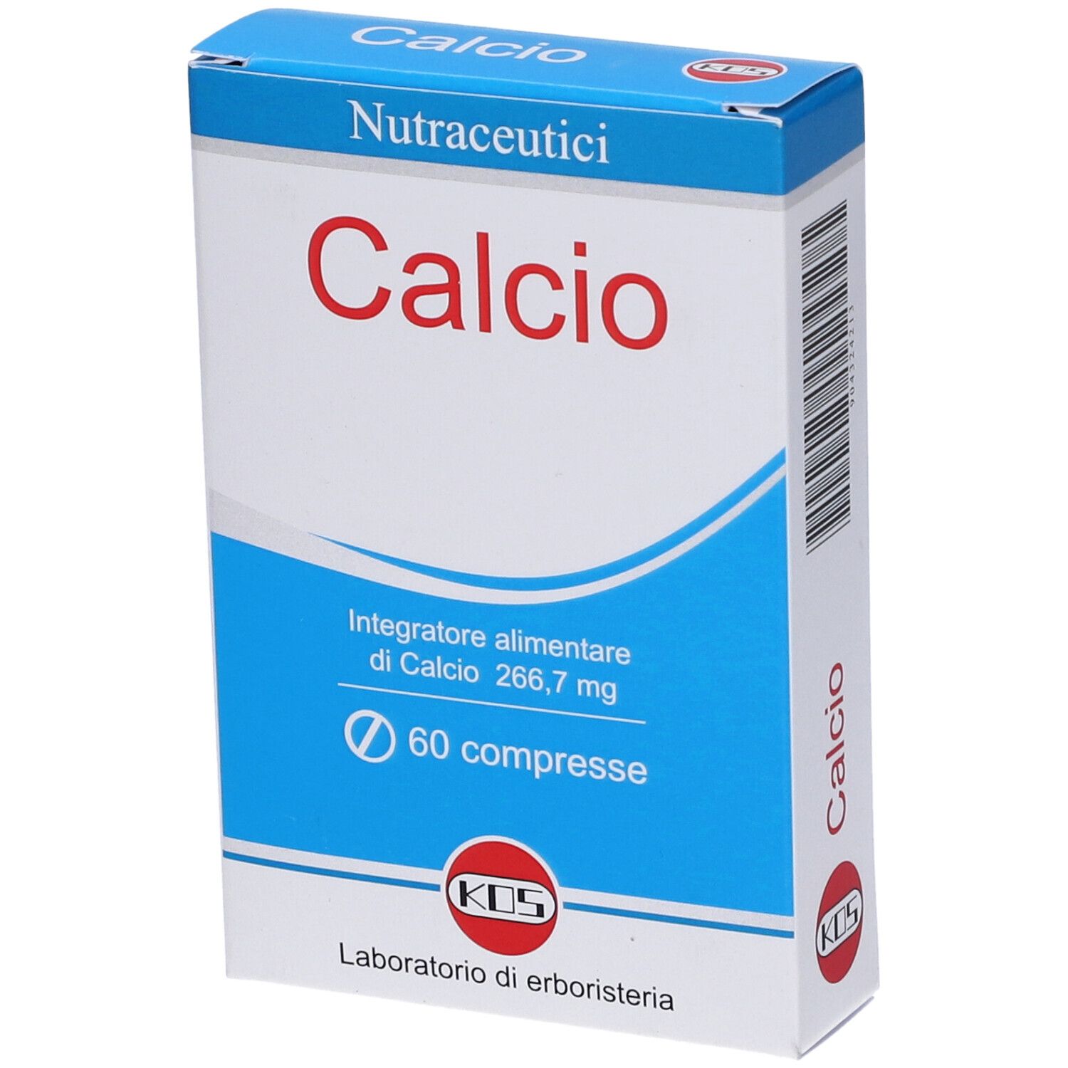 Scatola blu e bianca con scritta rossa "Calcio". Contiene 60 compresse. Marchio KOS.