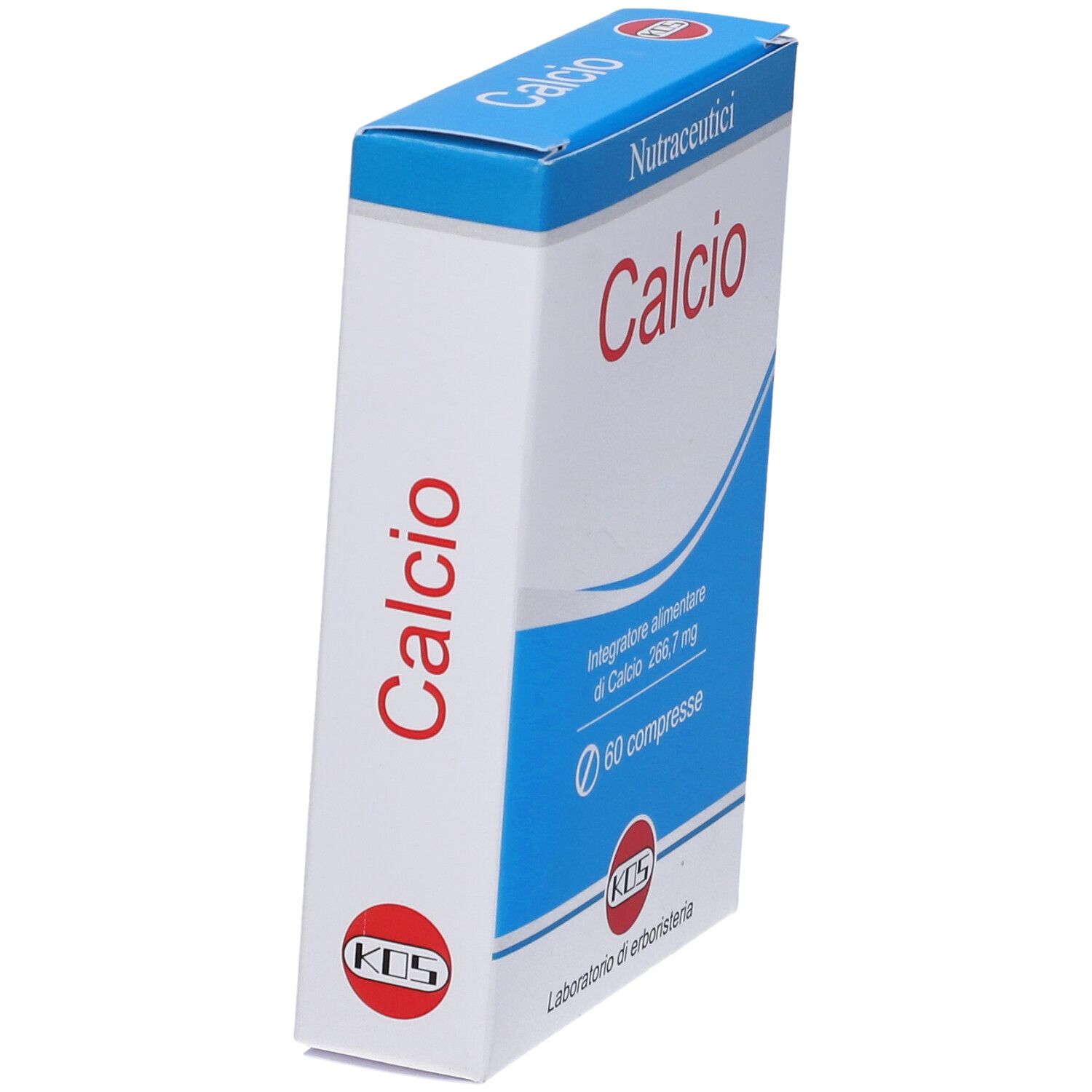Scatola con scritta rossa "Calcio". Contiene 60 compresse. Marchio KOS. Confezione blu e bianca.
