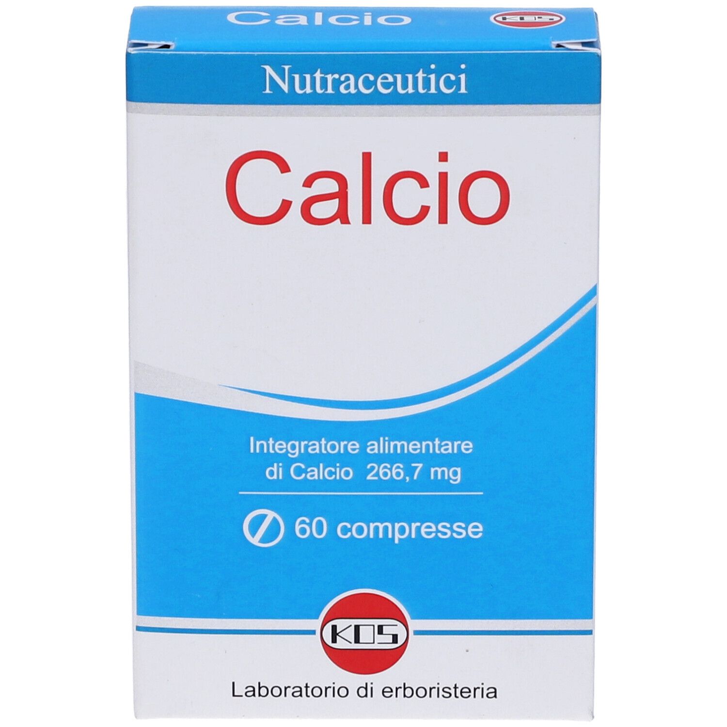 Scatola blu e bianca con scritta rossa "Calcio". Contiene 60 compresse. Marchio KOS.