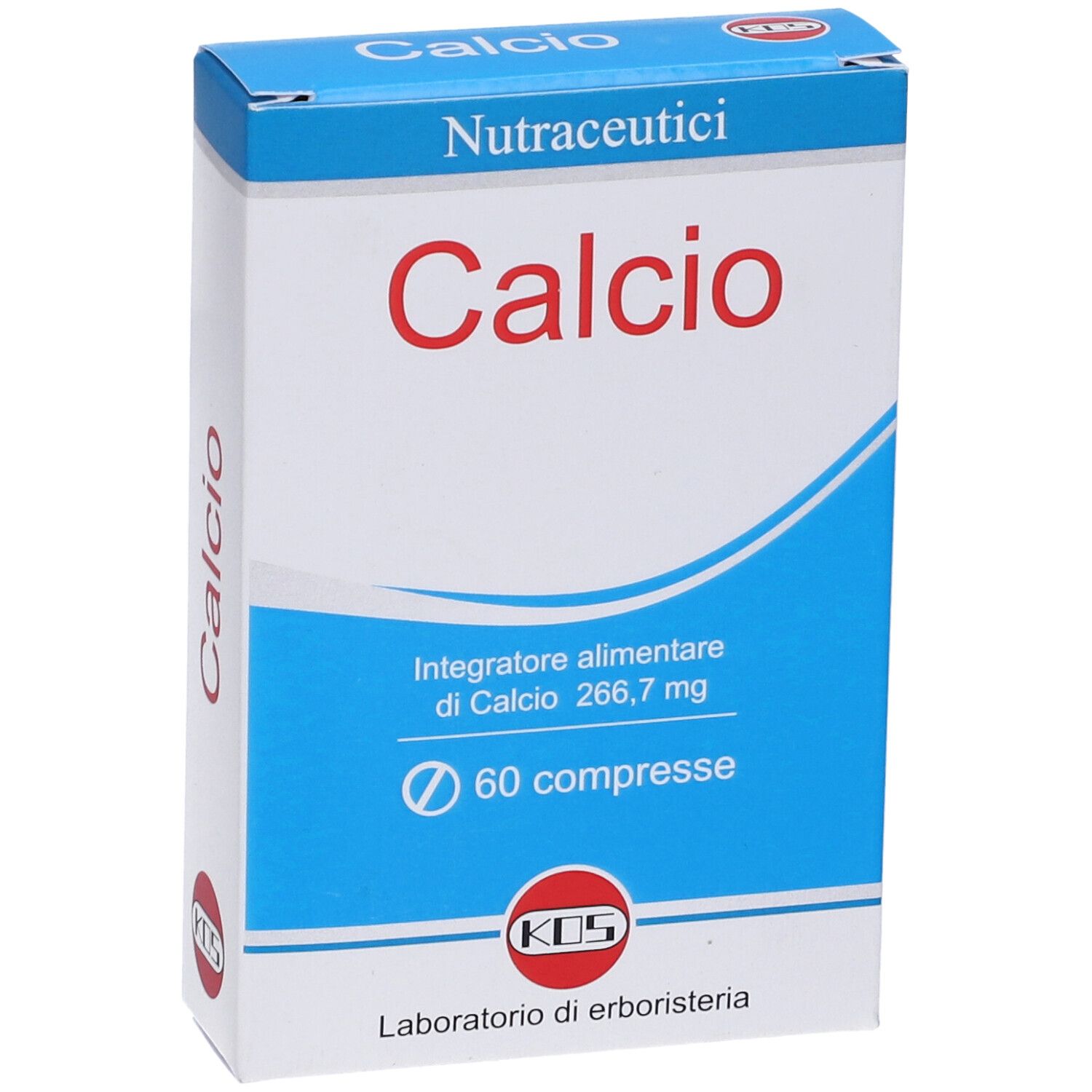 Scatola blu e bianca con scritta rossa "Calcio". Contiene 60 compresse. Marchio KOS.