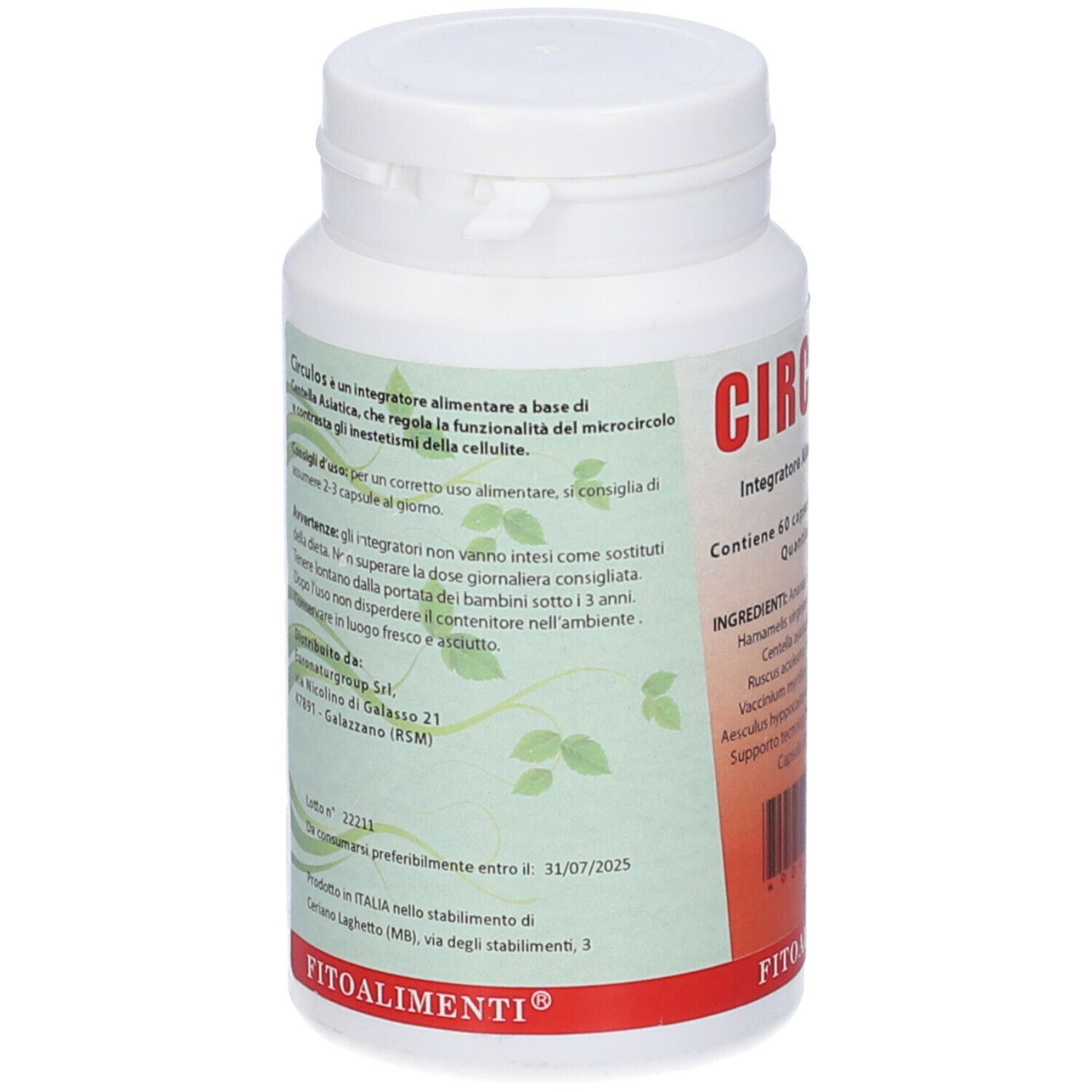 Flacone bianco con etichetta rossa. Retro con testo e logo. Scadenza: 31/07/2025.