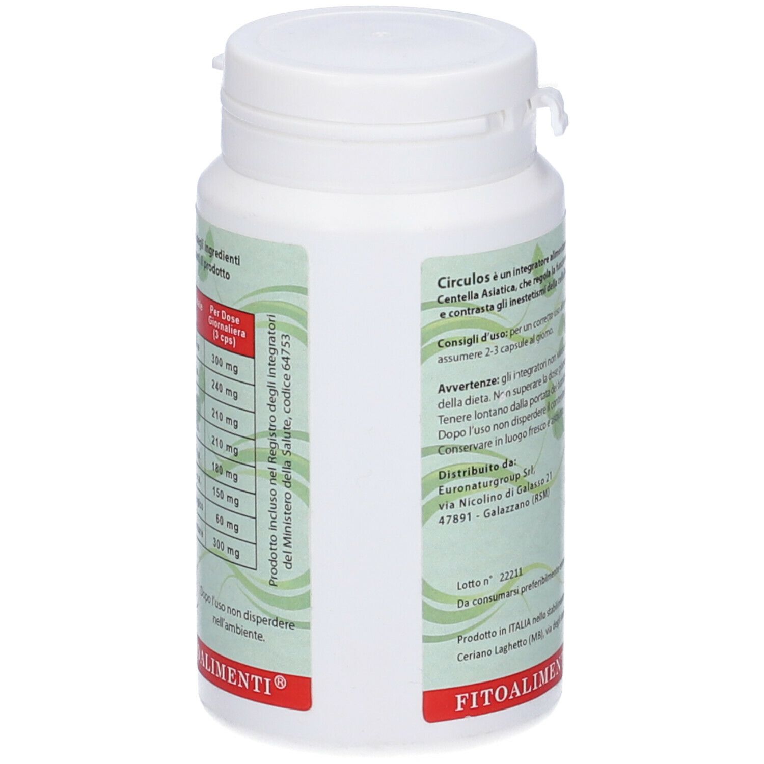 Flacone bianco con etichetta rossa. Testo sugli ingredienti e il dosaggio. Logo in basso.