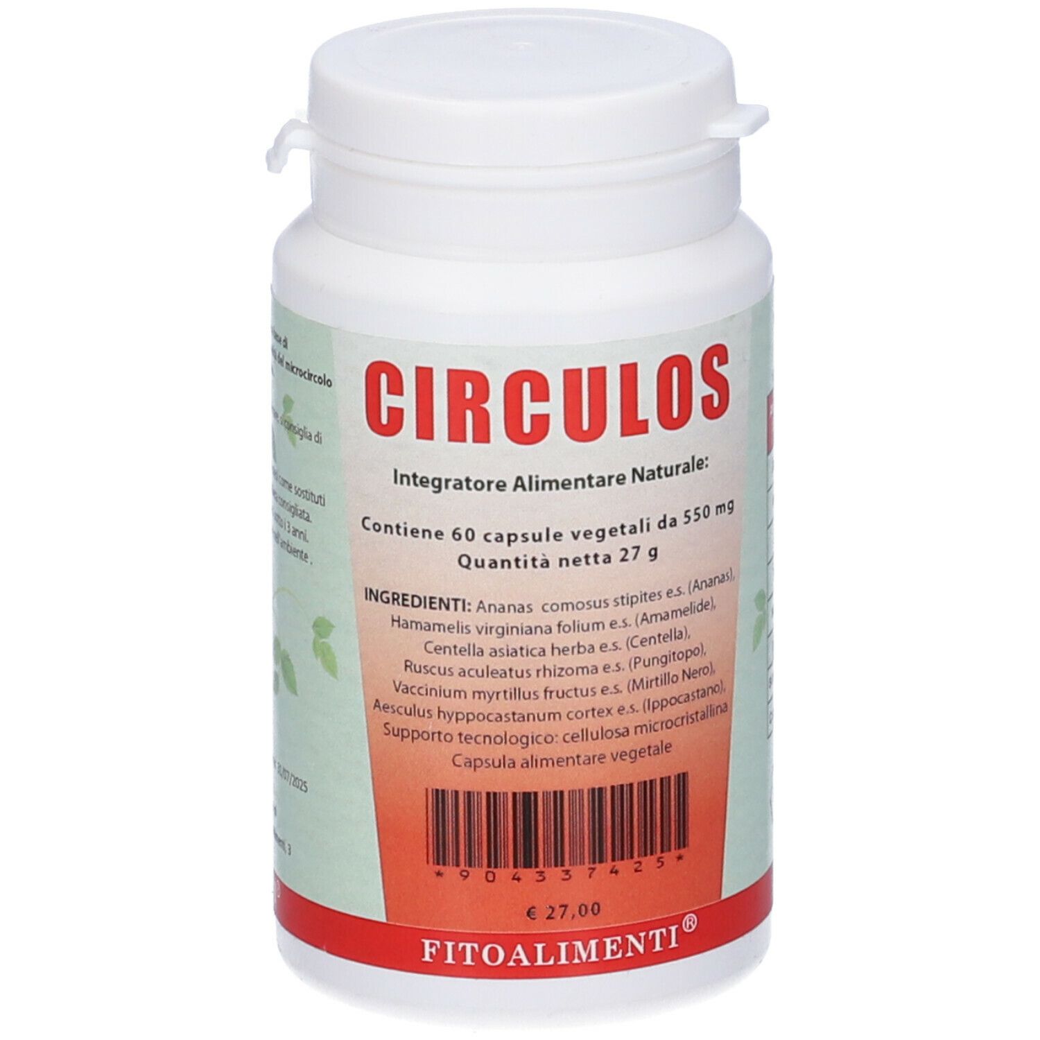 Flacone bianco con etichetta rossa. Scritta: Circulos, 60 capsule. Elenco ingredienti e prezzo.