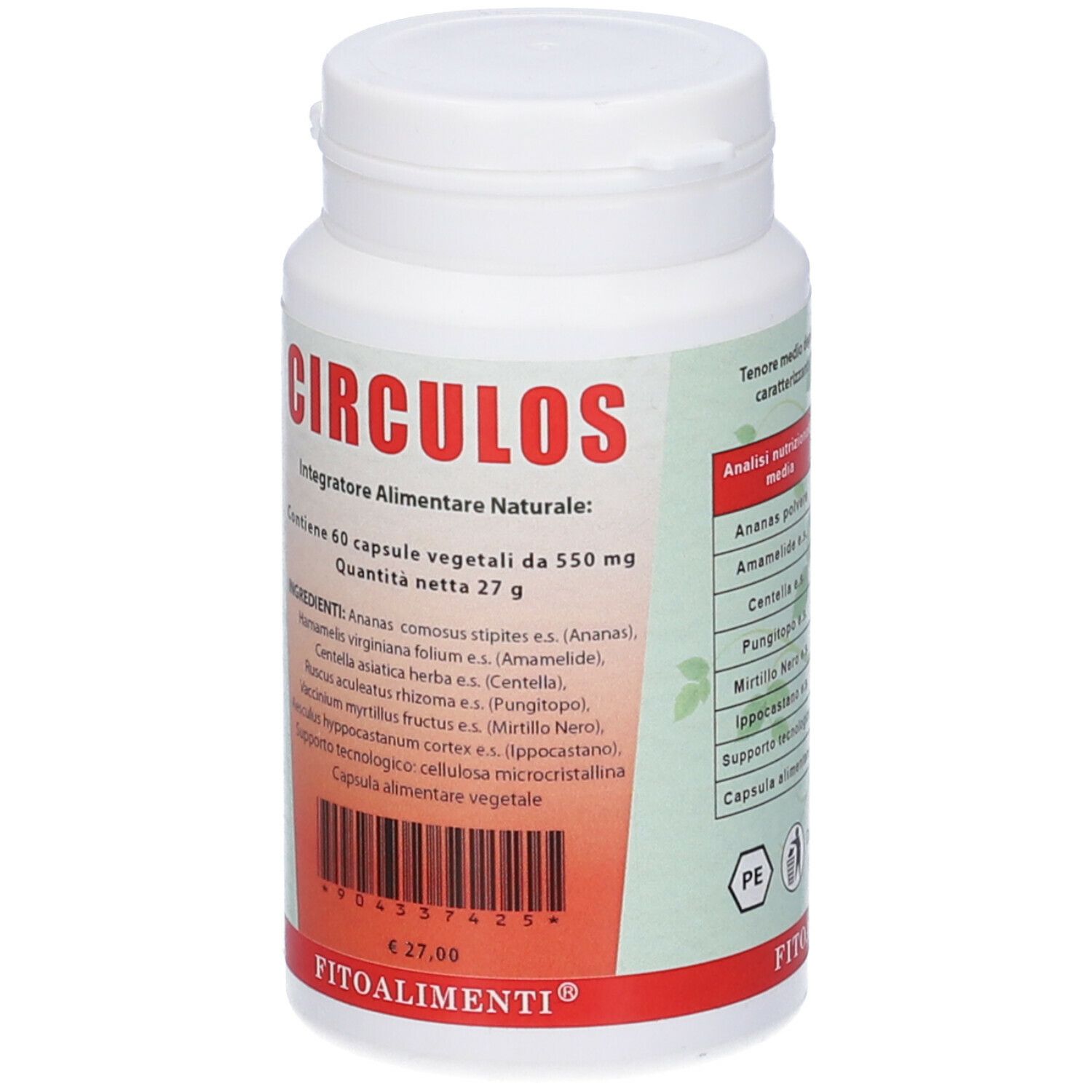 Flacone bianco con etichetta rossa. Scritta: Circulos, 60 capsule. Elenco ingredienti e prezzo.