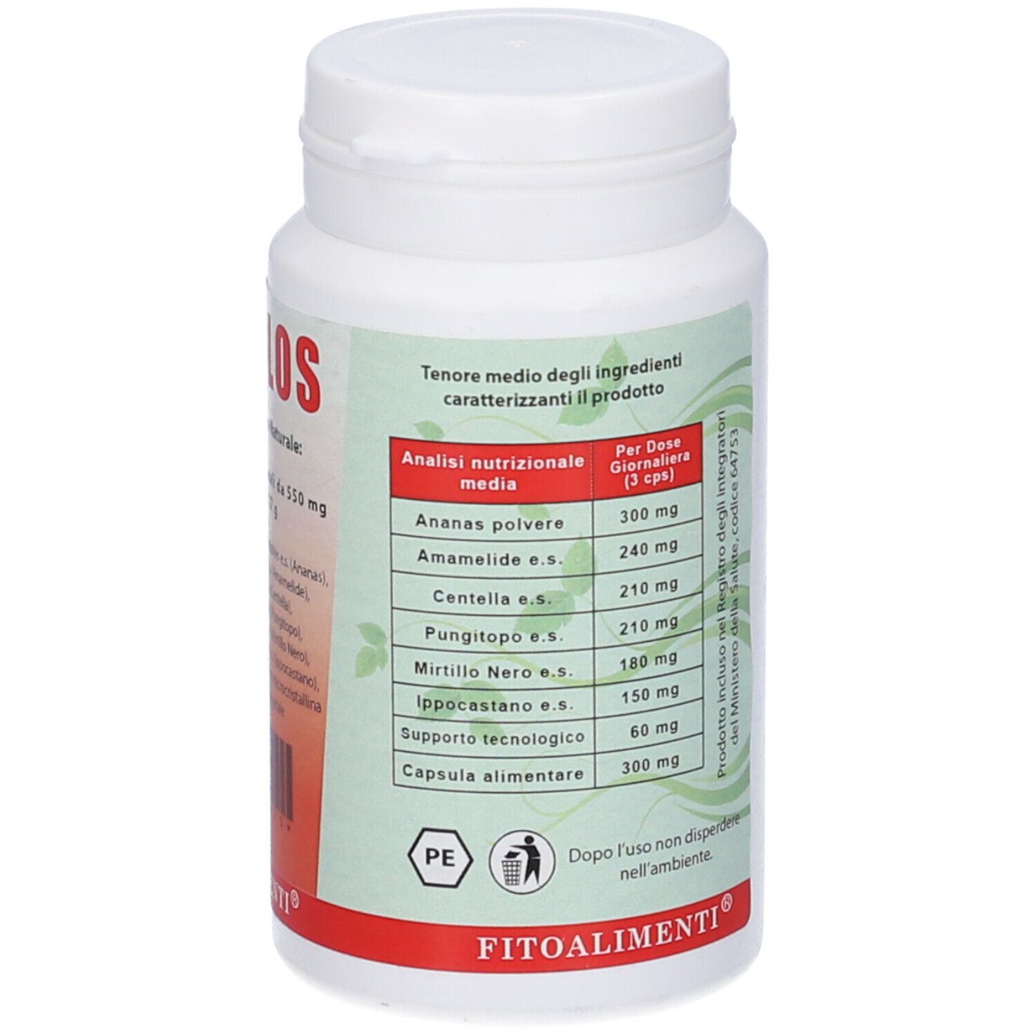 Flacone bianco con etichetta rossa. Tabella di analisi nutrizionale. Logo in basso.