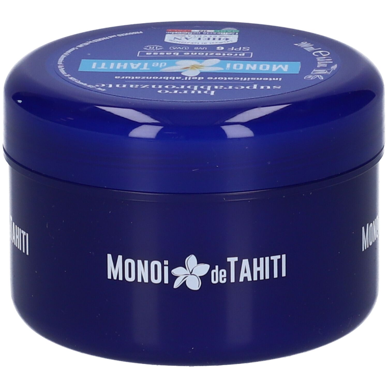 Vasetto blu con coperchio. Scritta: Monoi de Tahiti, Burro Superabbronzante. SPF 6.