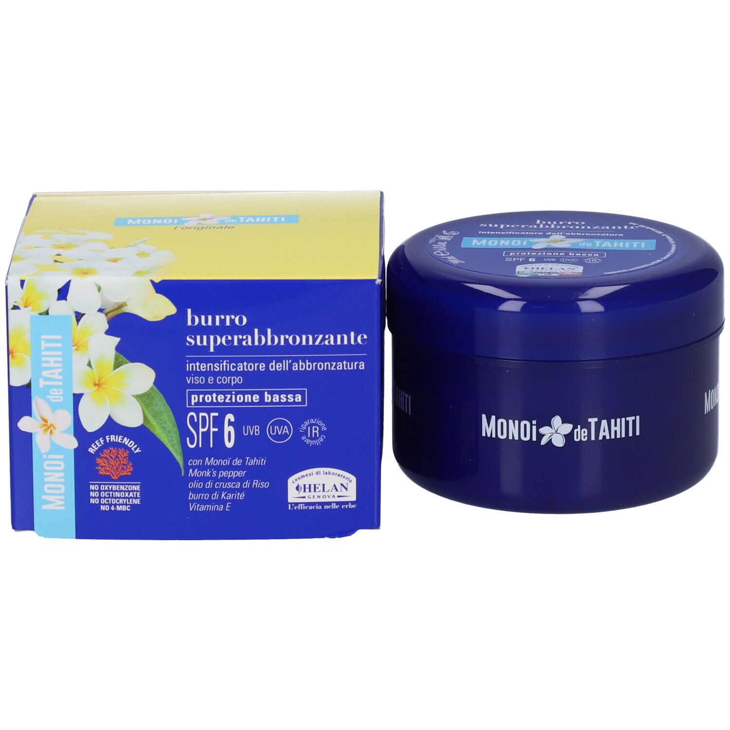 Vasetto blu accanto a scatola giallo-blu. Scritta: Monoi de Tahiti, Burro Superabbronzante. SPF 6.
