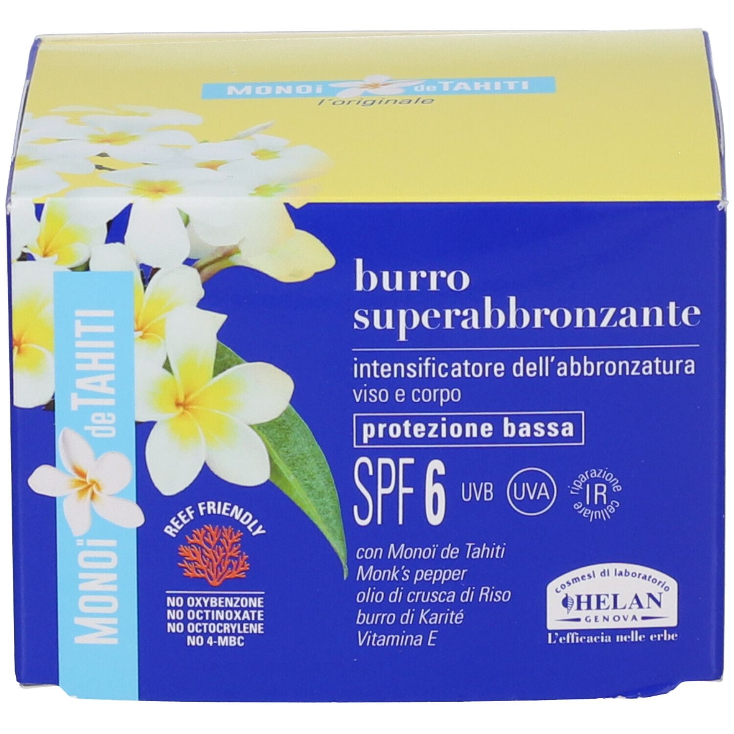 Scatola giallo-blu con scritta: Burro Superabbronzante, SPF 6. Illustrazione: fiori bianchi.