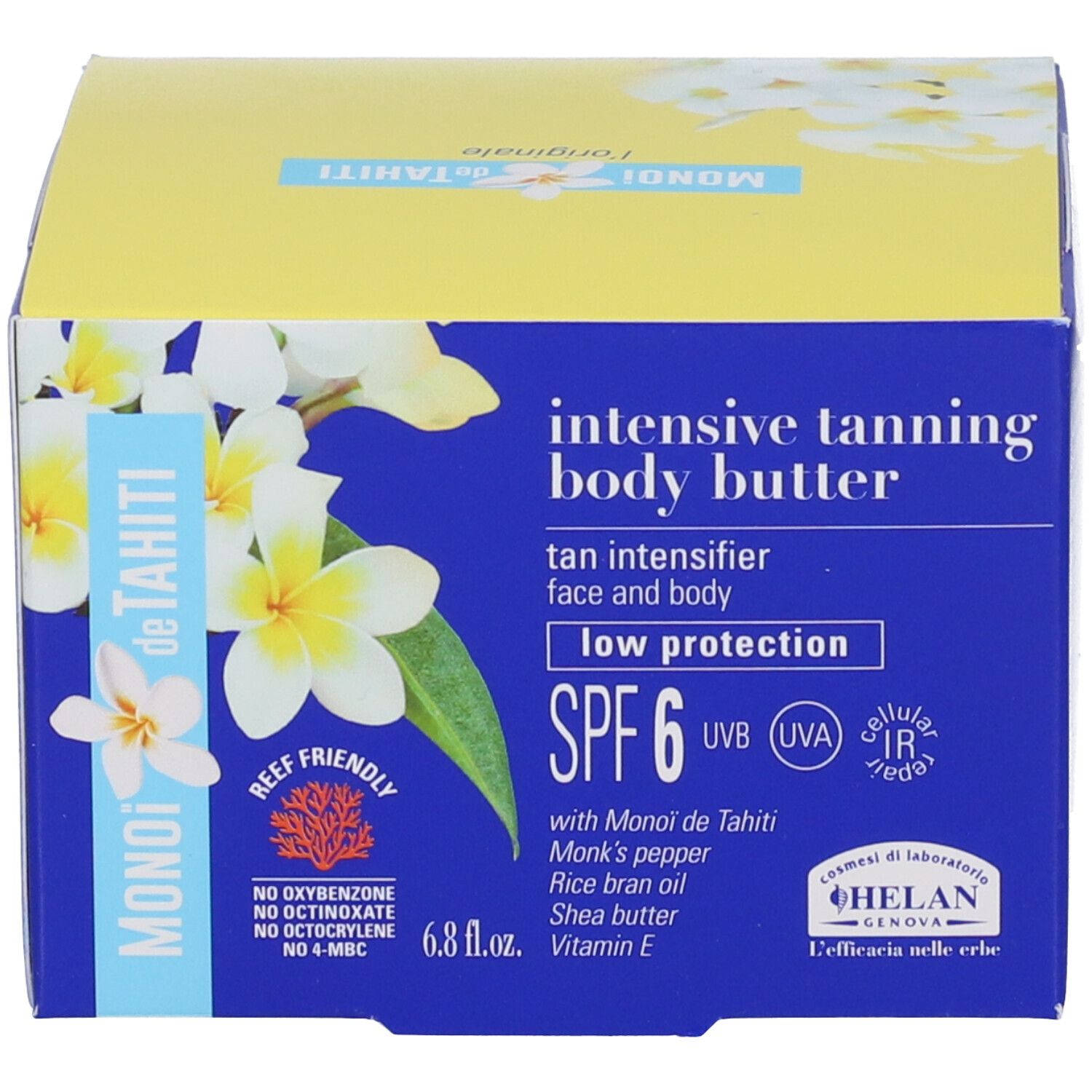 Scatola giallo-blu con scritta: intensive tanning body butter, SPF 6. Illustrazione: fiori bianchi.