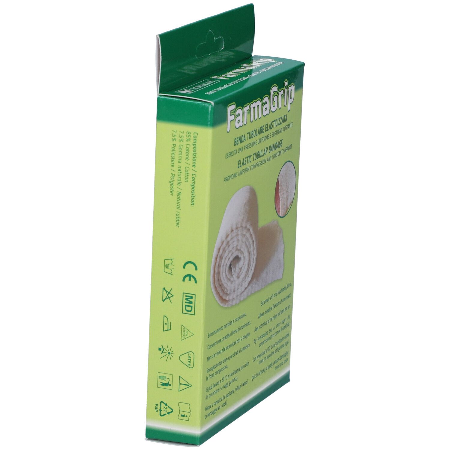 Vista laterale della confezione verde. Mostra testo e loghi. Testo: Farmagrip, marchio CE, simbolo MD. Ingredienti: 85% cotone, 15% poliestere.