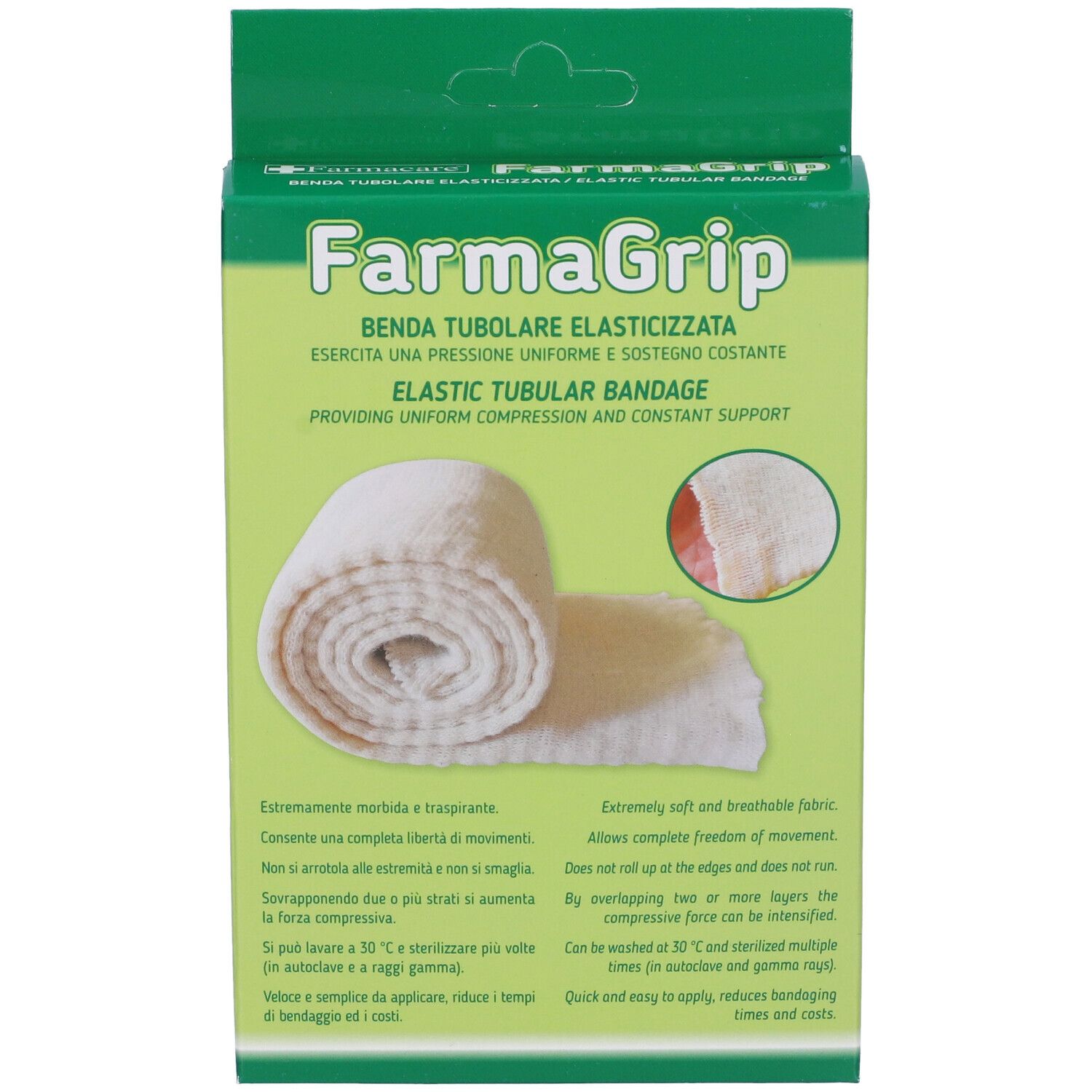 Confezione verde con immagine del prodotto e testo. Mostra una benda elastica bianca arrotolata. Testo: Farmagrip, Elastic Tubular Bandage.