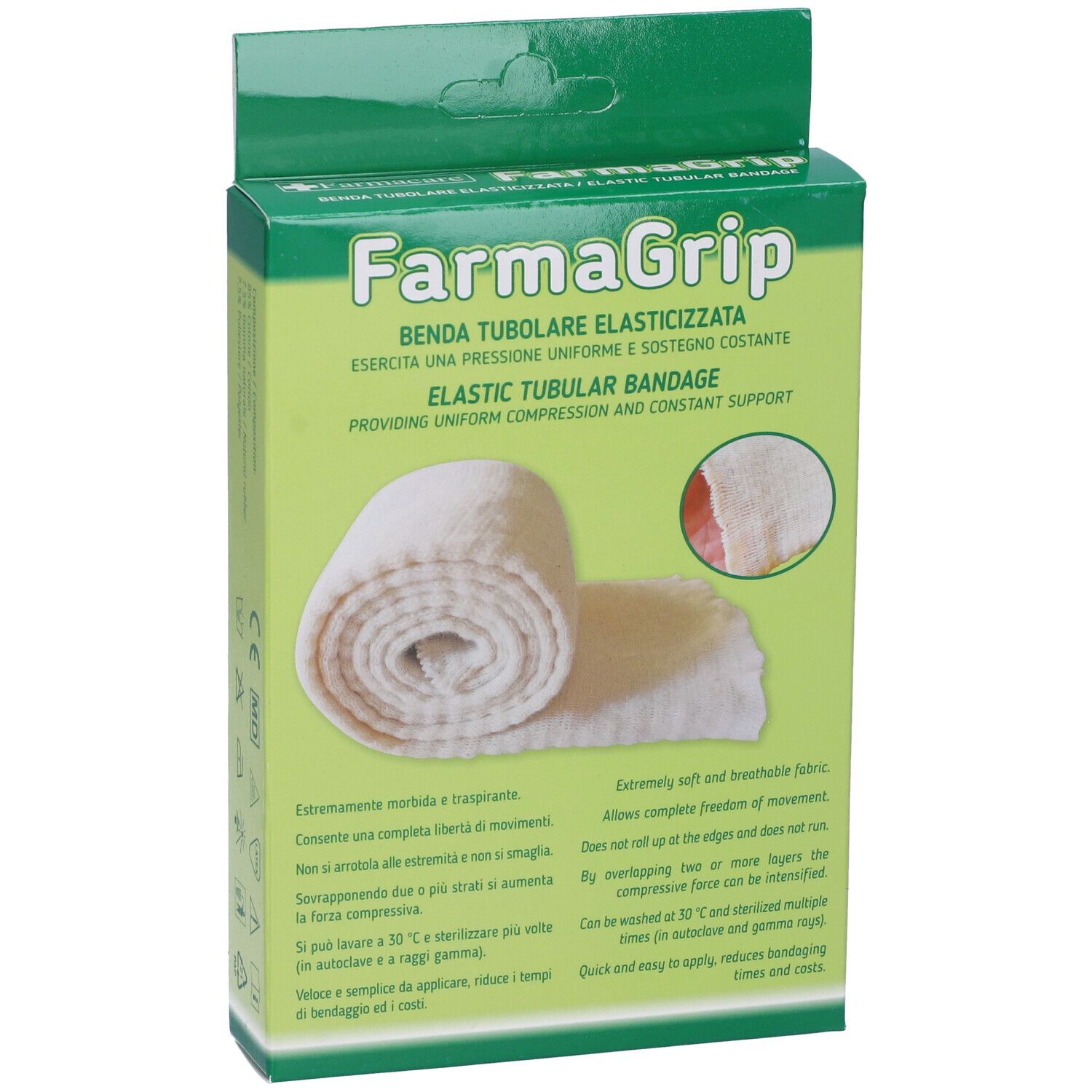 Confezione verde con immagine del prodotto e testo. Mostra una benda elastica bianca arrotolata. Testo: Farmagrip, Elastic Tubular Bandage.