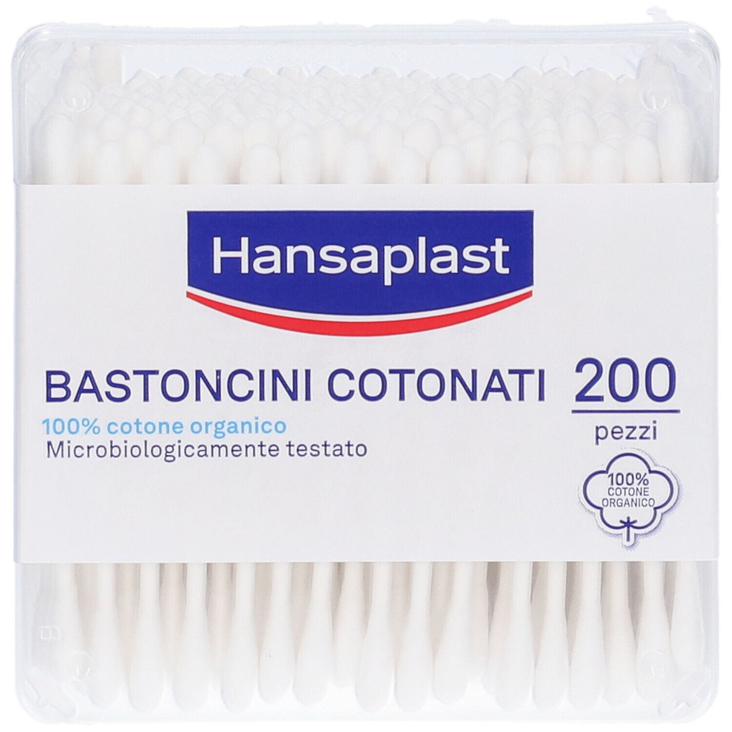 Confezione trasparente con bastoncini cotonati. Confezione blu con logo Hansaplast e nome del prodotto.