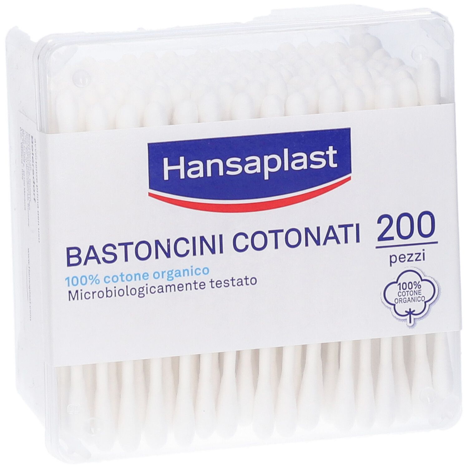 Confezione trasparente con bastoncini cotonati. Confezione blu con logo Hansaplast e nome del prodotto.