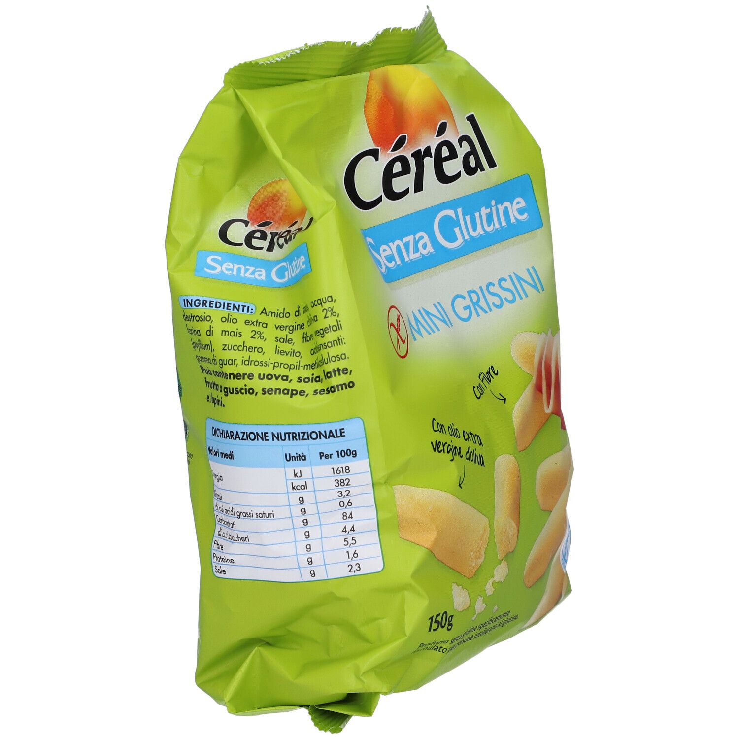 Retro di una confezione verde Céréal Mini Grissini, senza glutine, con informazioni nutrizionali.
