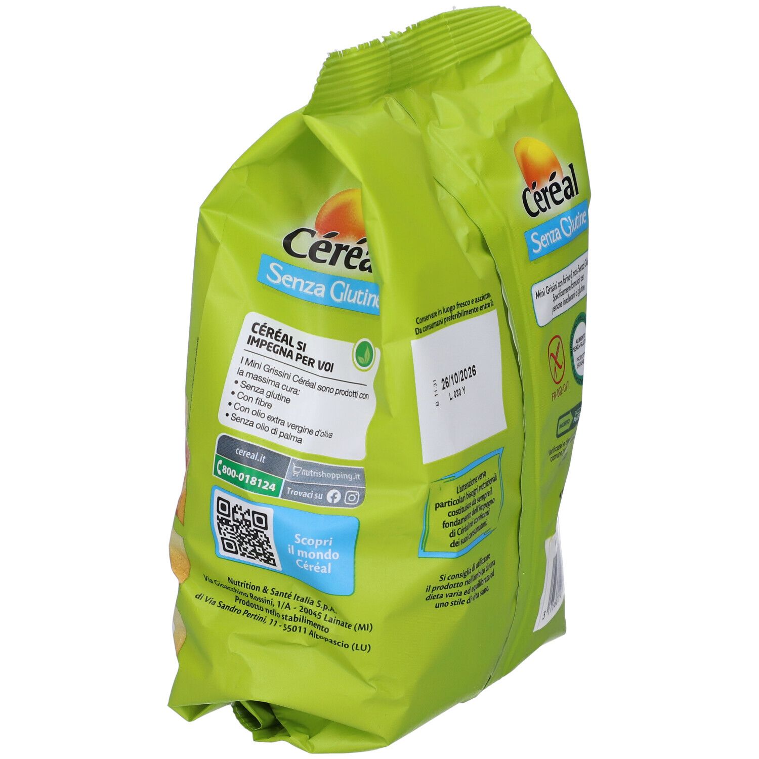 Lato di una confezione verde Céréal Mini Grissini, senza glutine, con informazioni e codice QR.