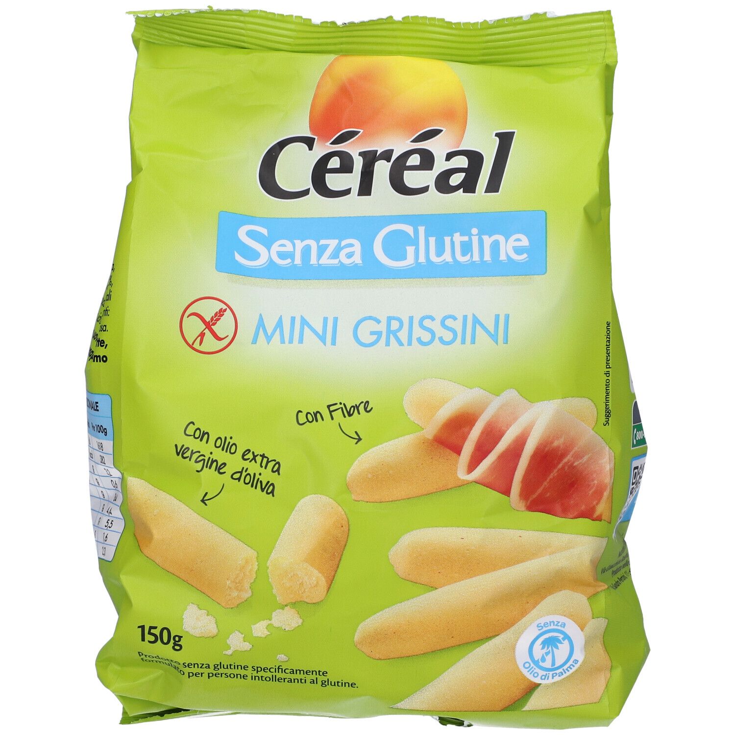 Fronte di una confezione verde Céréal Mini Grissini, senza glutine, con immagine di grissini con prosciutto.