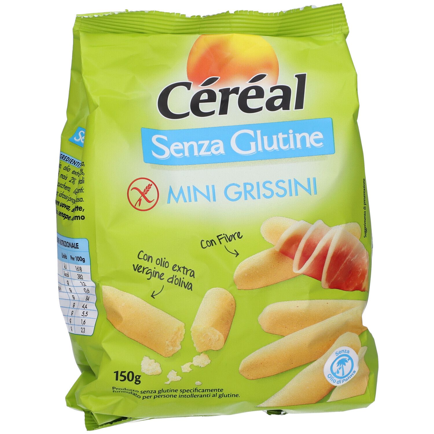 Confezione verde Céréal Mini Grissini, senza glutine, con immagine di grissini con prosciutto e olio d'oliva.