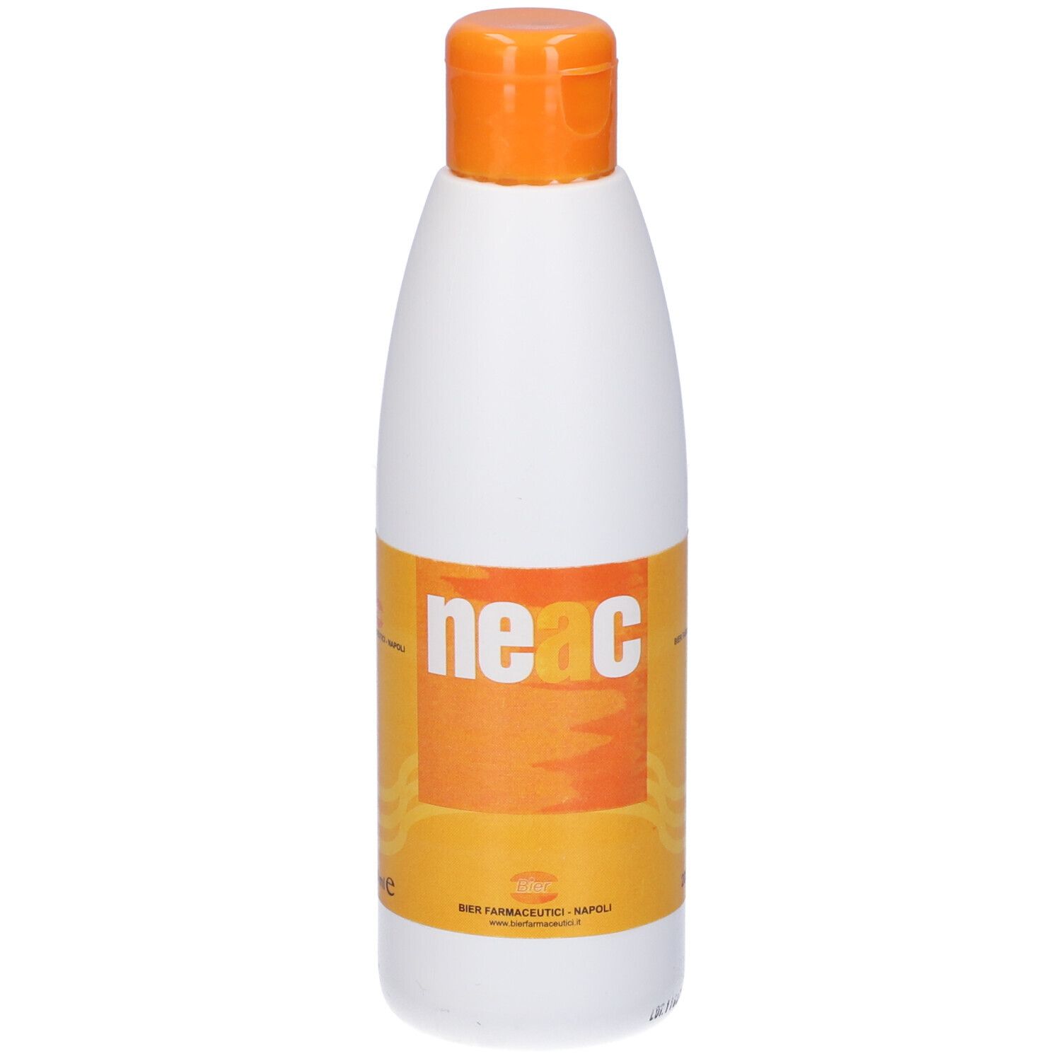 Flacone bianco con tappo arancione. Adesivo con nome e logo del prodotto. Testo: Neac.