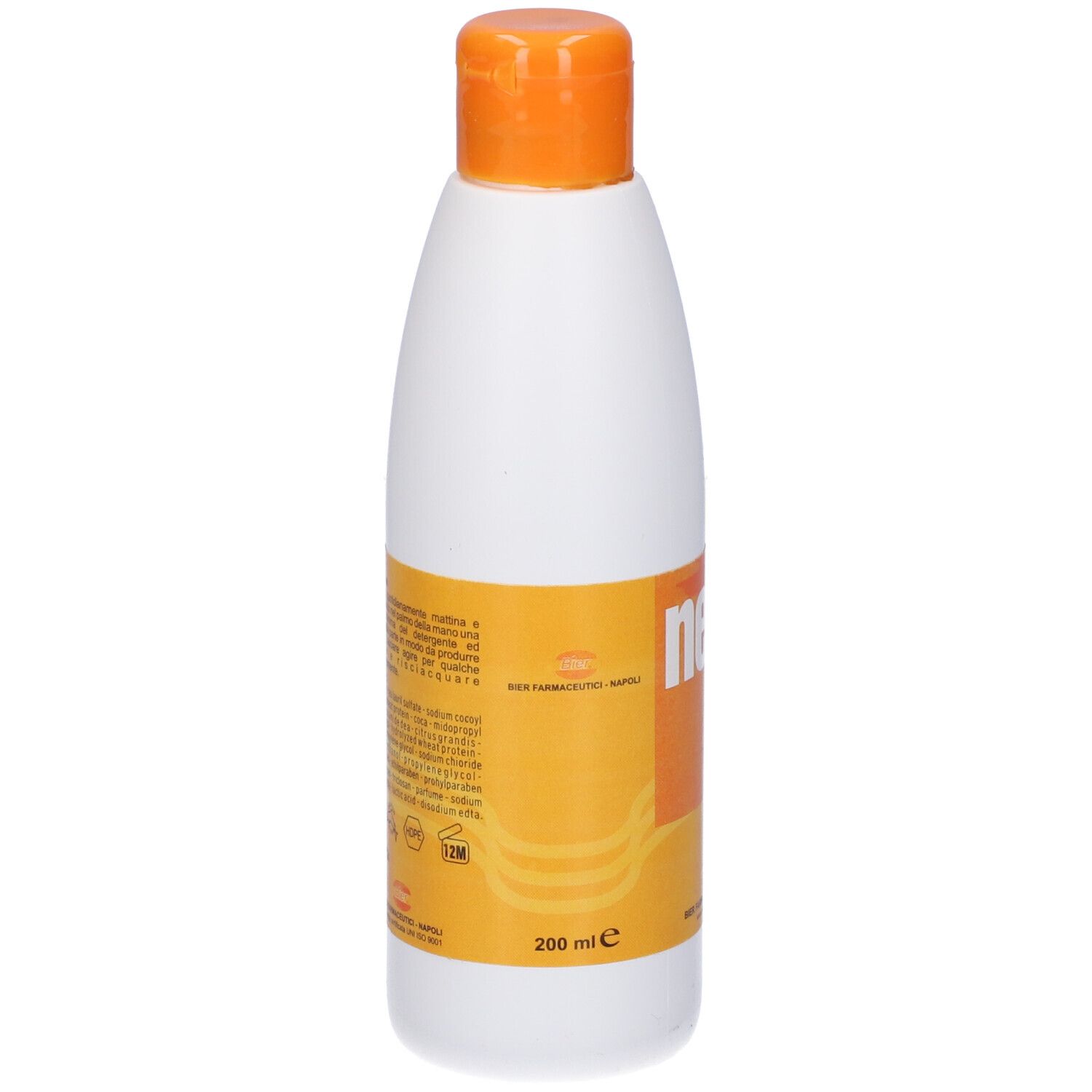Flacone bianco con tappo arancione. Adesivo con nome e logo del prodotto. Testo: Neac, 200 ml.
