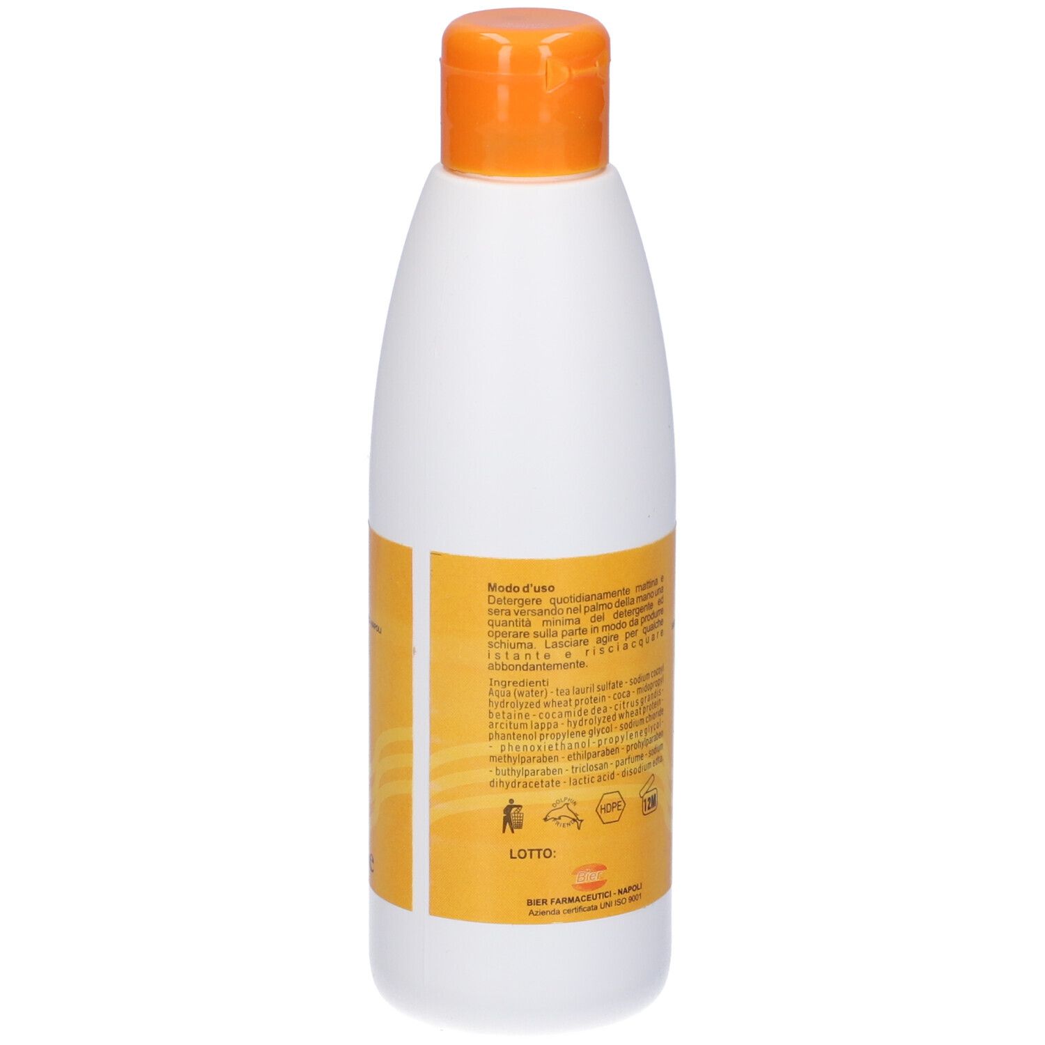 Flacone bianco con tappo arancione. Adesivo con nome e logo del prodotto. Testo: Neac, 200 ml.