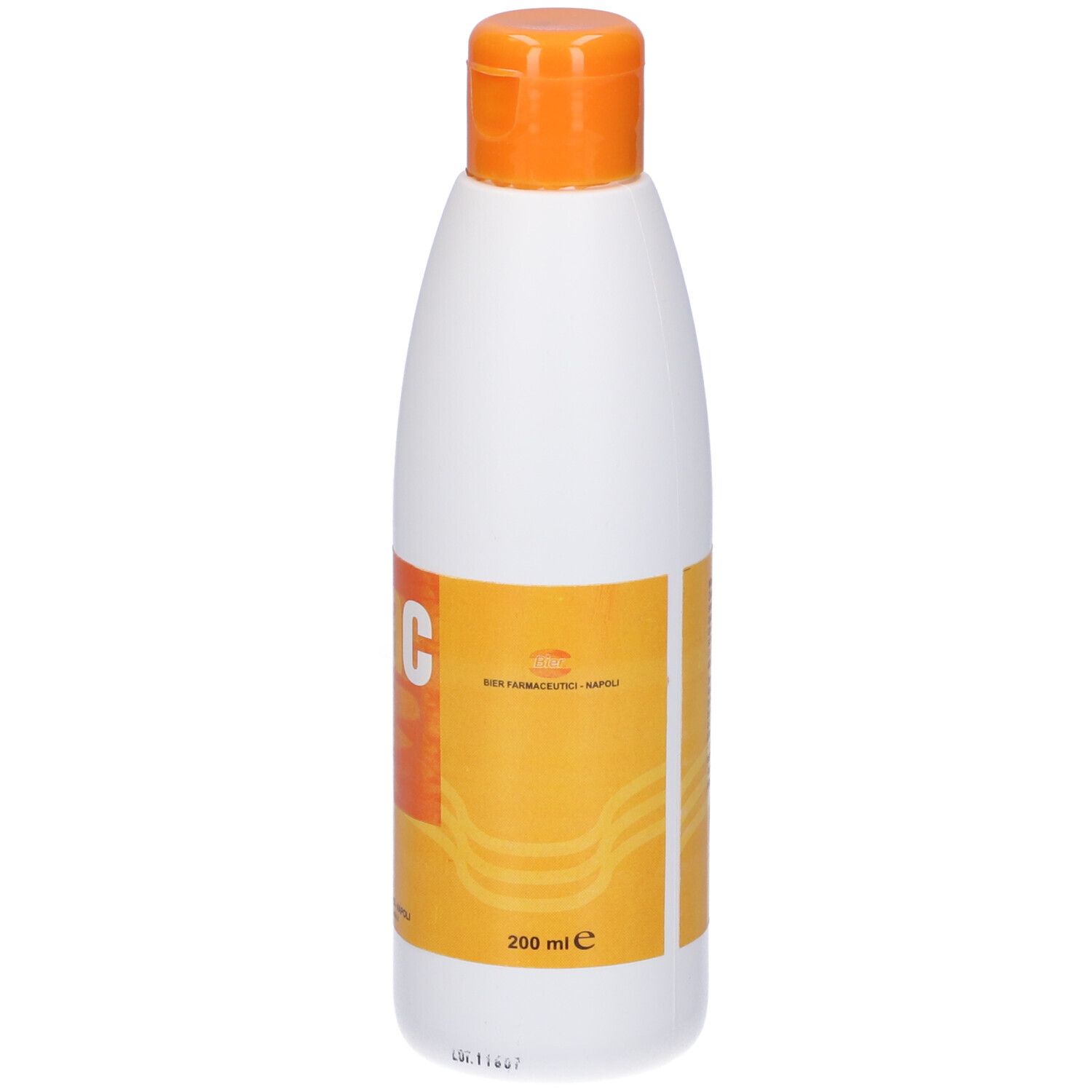 Flacone bianco con tappo arancione. Adesivo con nome e logo del prodotto. Testo: Neac, 200 ml.
