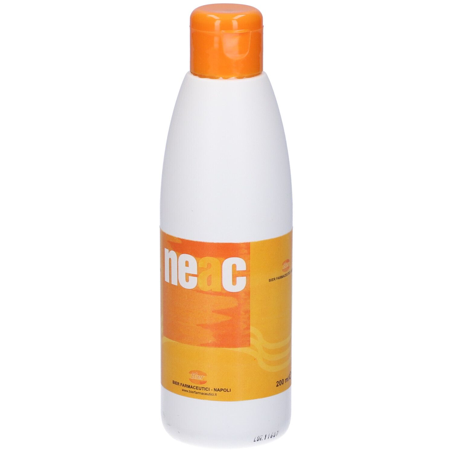 Flacone bianco con tappo arancione. Adesivo con nome e logo del prodotto. Testo: Neac, 200 ml.
