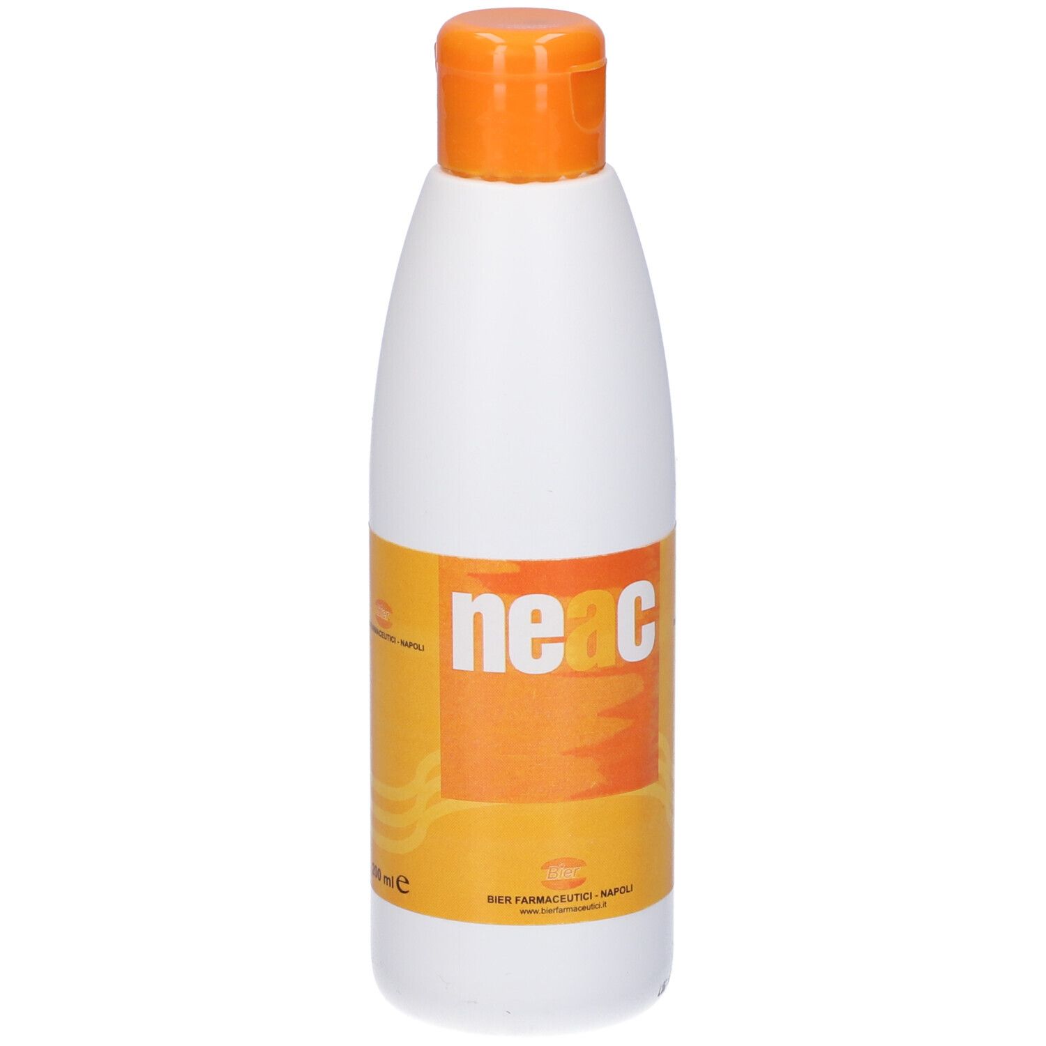 Flacone bianco con tappo arancione. Adesivo con nome e logo del prodotto. Testo: Neac, 200 ml.