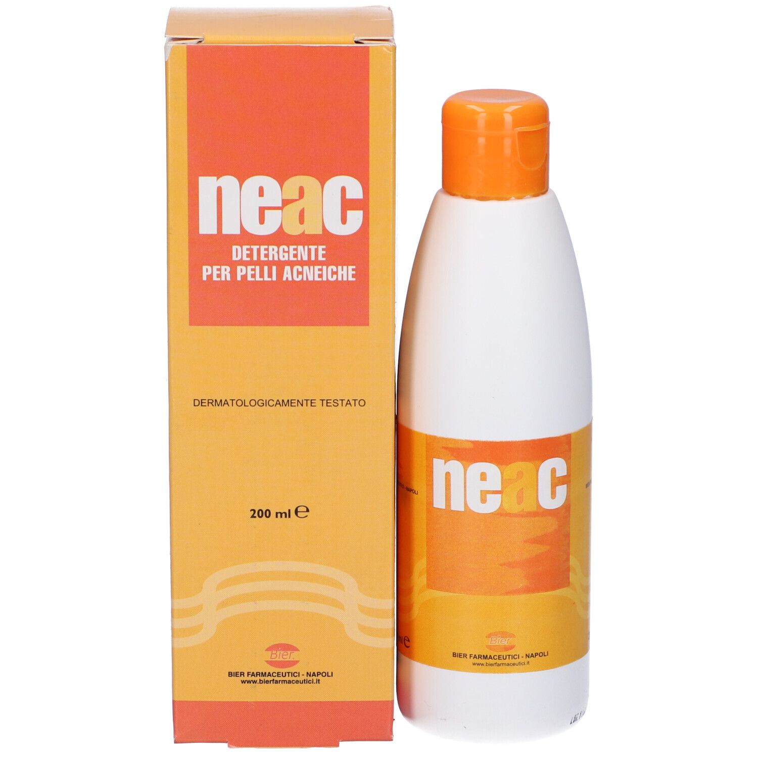 Flacone e confezione. Flacone: bianco, tappo arancione. Confezione: arancione, nome prodotto, 200 ml.