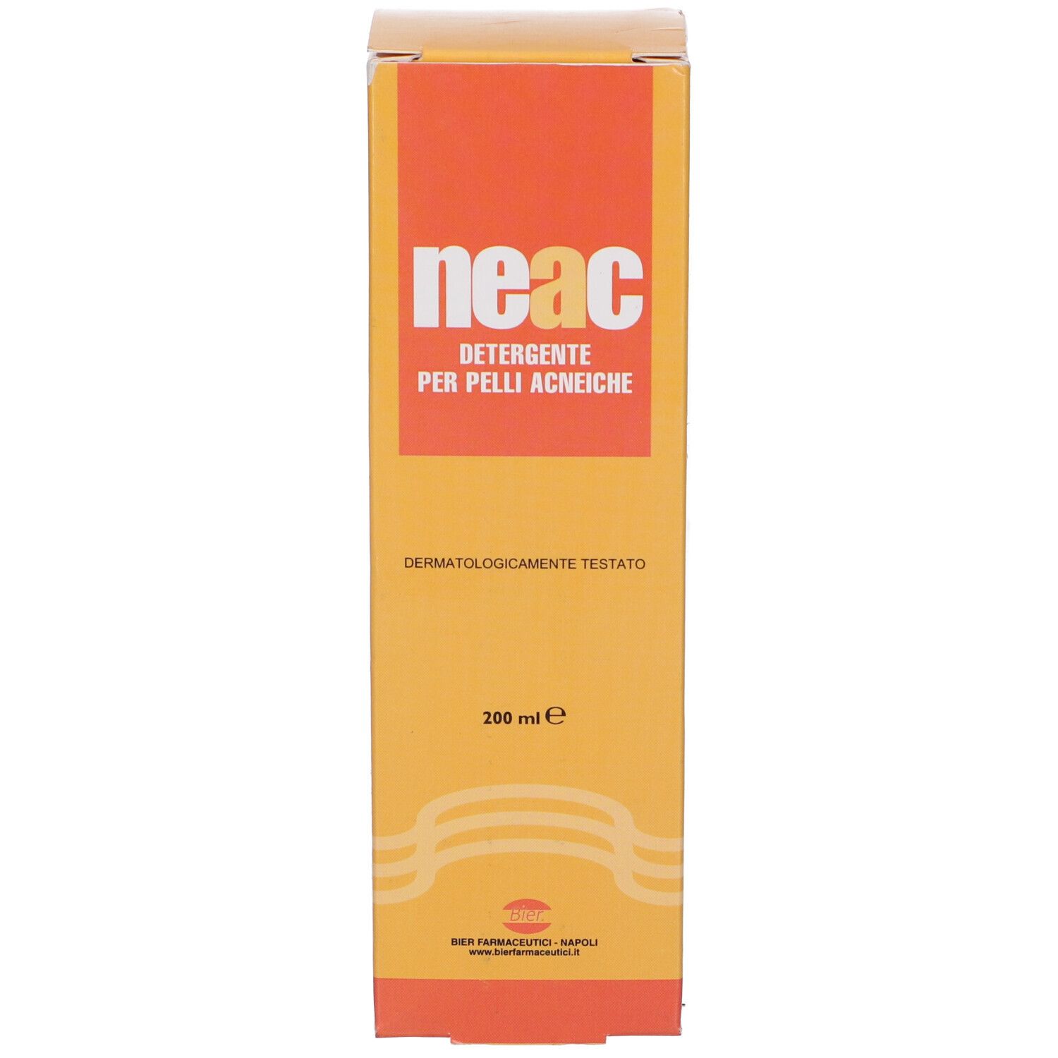 Confezione arancione. Nome e logo del prodotto. Testo: Detergente per Pelli Acneiche, 200 ml.