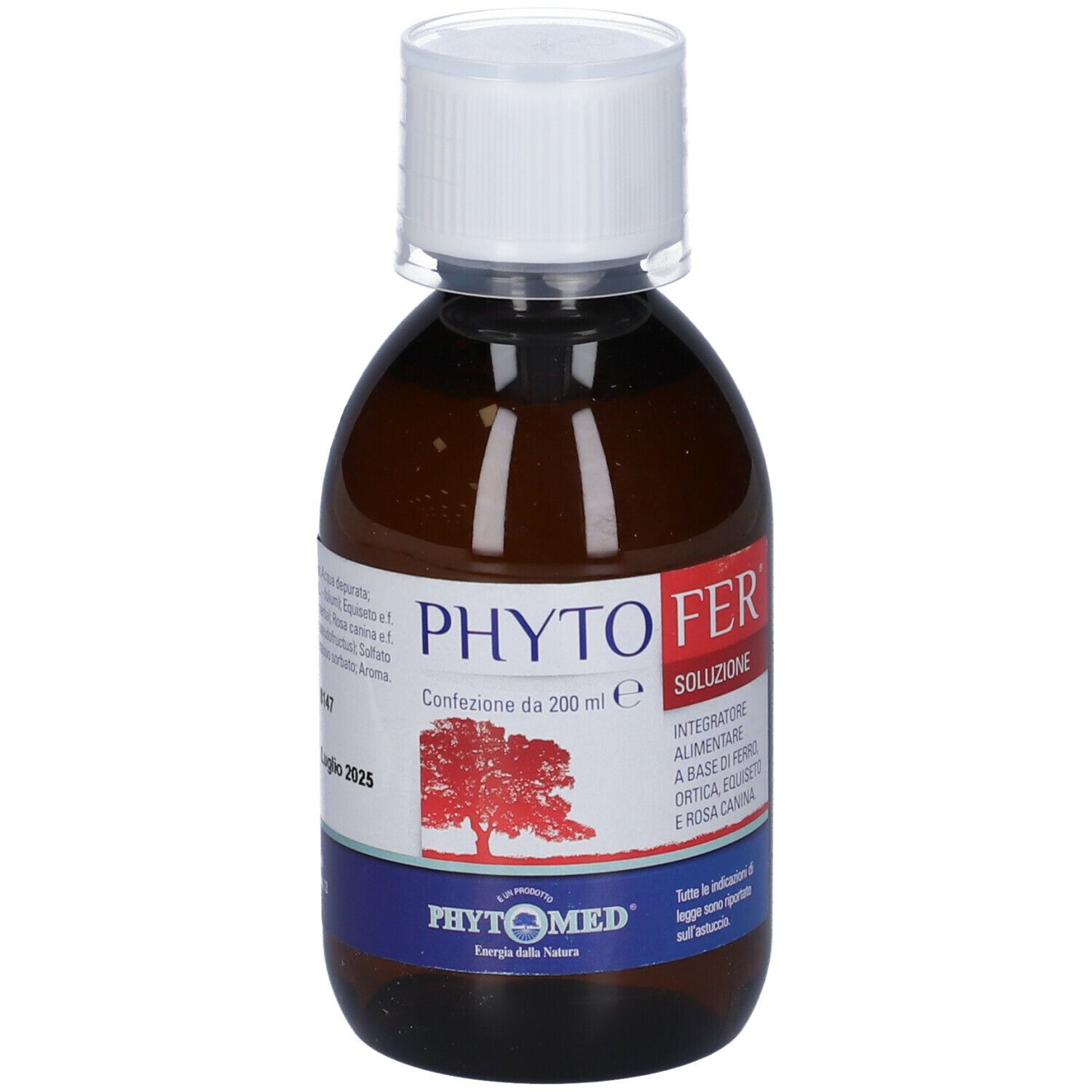 Flacone marrone con tappo bianco. Etichetta con nome prodotto Phytofer, logo albero rosso e ingredienti.