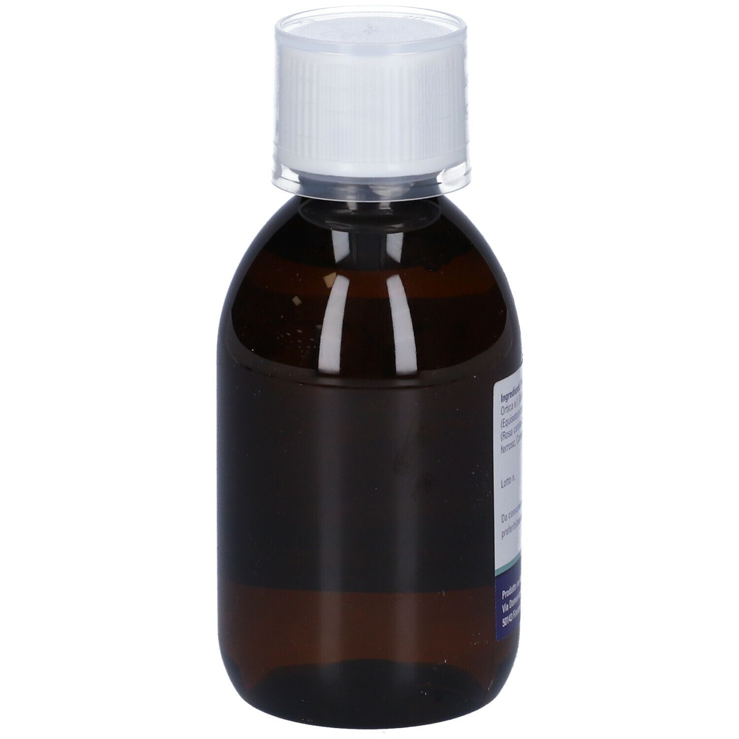 Flacone marrone con tappo bianco. Etichetta con informazioni sul prodotto e ingredienti.