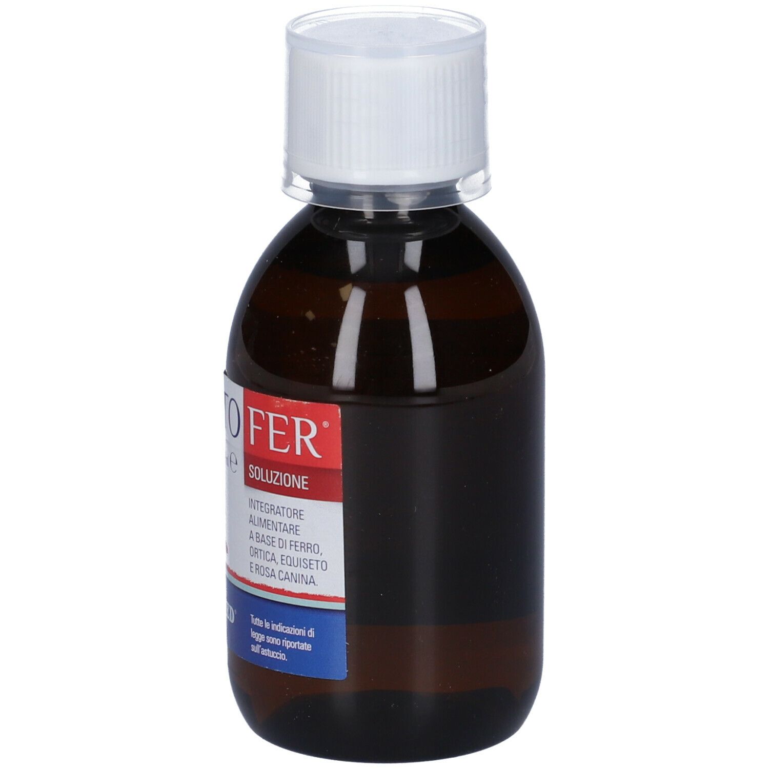 Flacone marrone con tappo bianco. Etichetta con nome prodotto Phytofer e ingredienti.