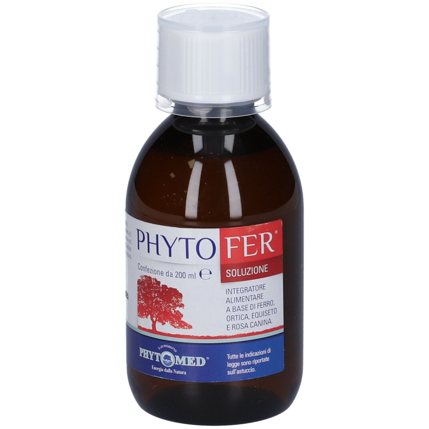 Flacone marrone con tappo bianco. Etichetta con nome prodotto Phytofer, logo albero rosso e ingredienti.