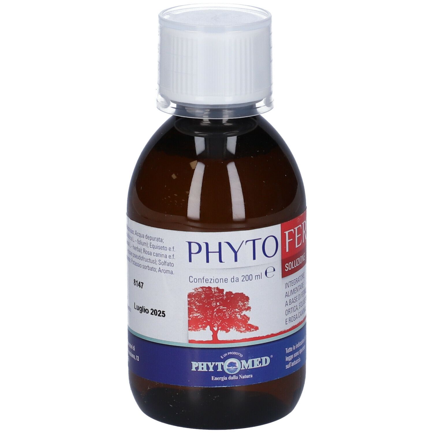 Flacone marrone con tappo bianco. Etichetta con nome prodotto Phytofer, logo albero rosso e ingredienti.