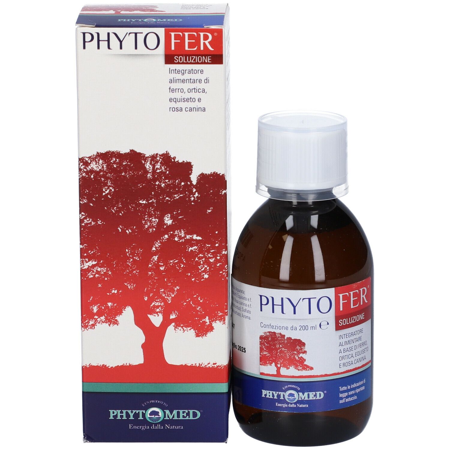 Confezione e flacone Phytofer. Scatola bianca e flacone marrone con tappo bianco. Informazioni sul prodotto.