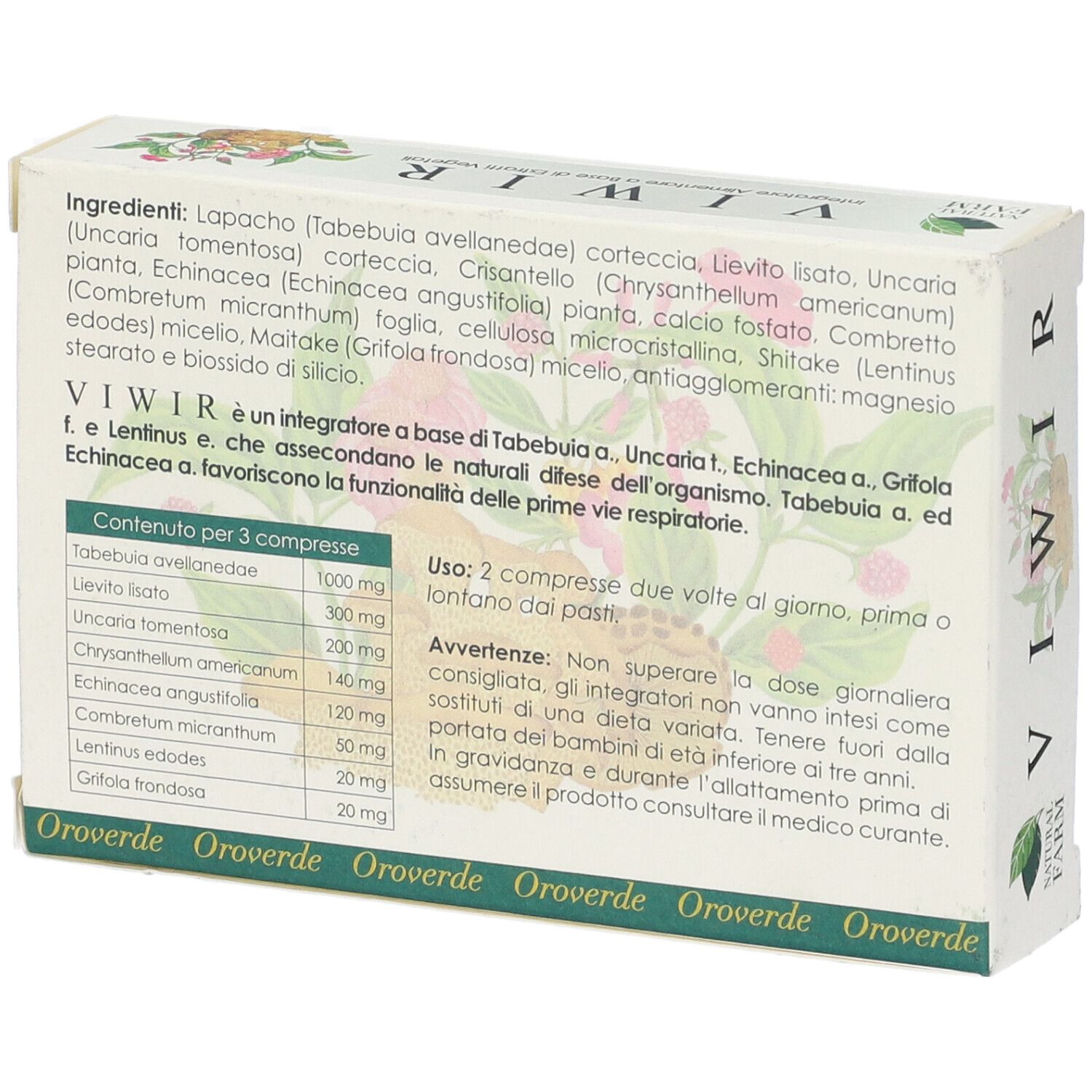 Retro della confezione Viwir. Elenco ingredienti, istruzioni e avvertenze in italiano.