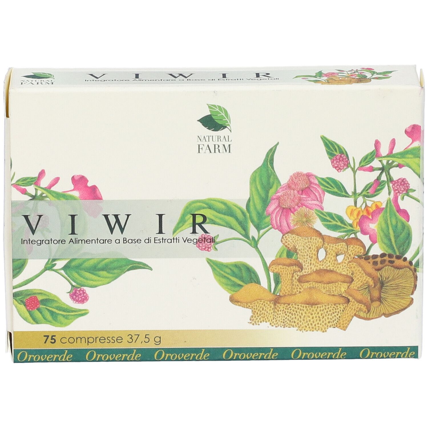 Vista frontale della confezione Viwir. Nome del prodotto, 75 compresse, decorazioni floreali e logo Natural Farm.