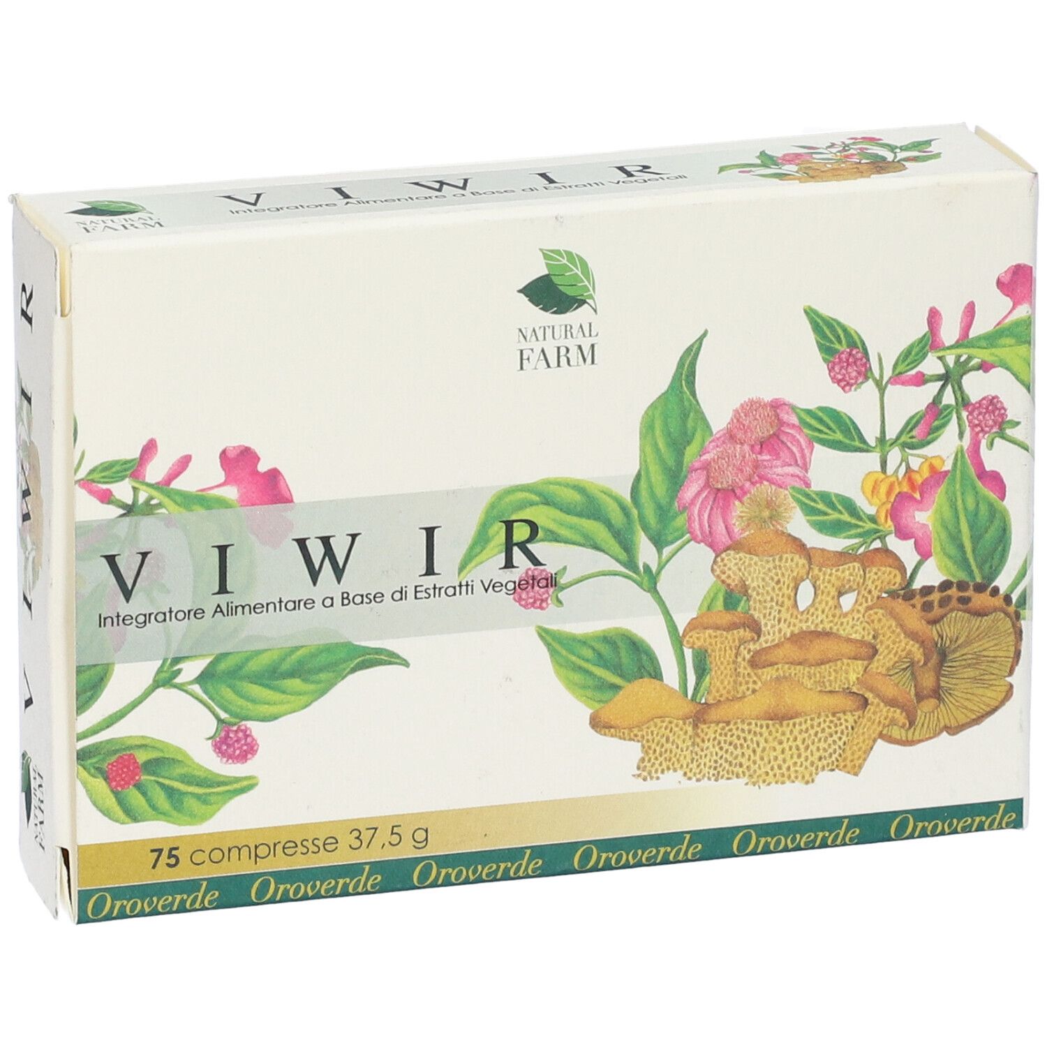 Vista frontale della confezione Viwir. Nome del prodotto, 75 compresse, decorazioni floreali e logo Natural Farm.