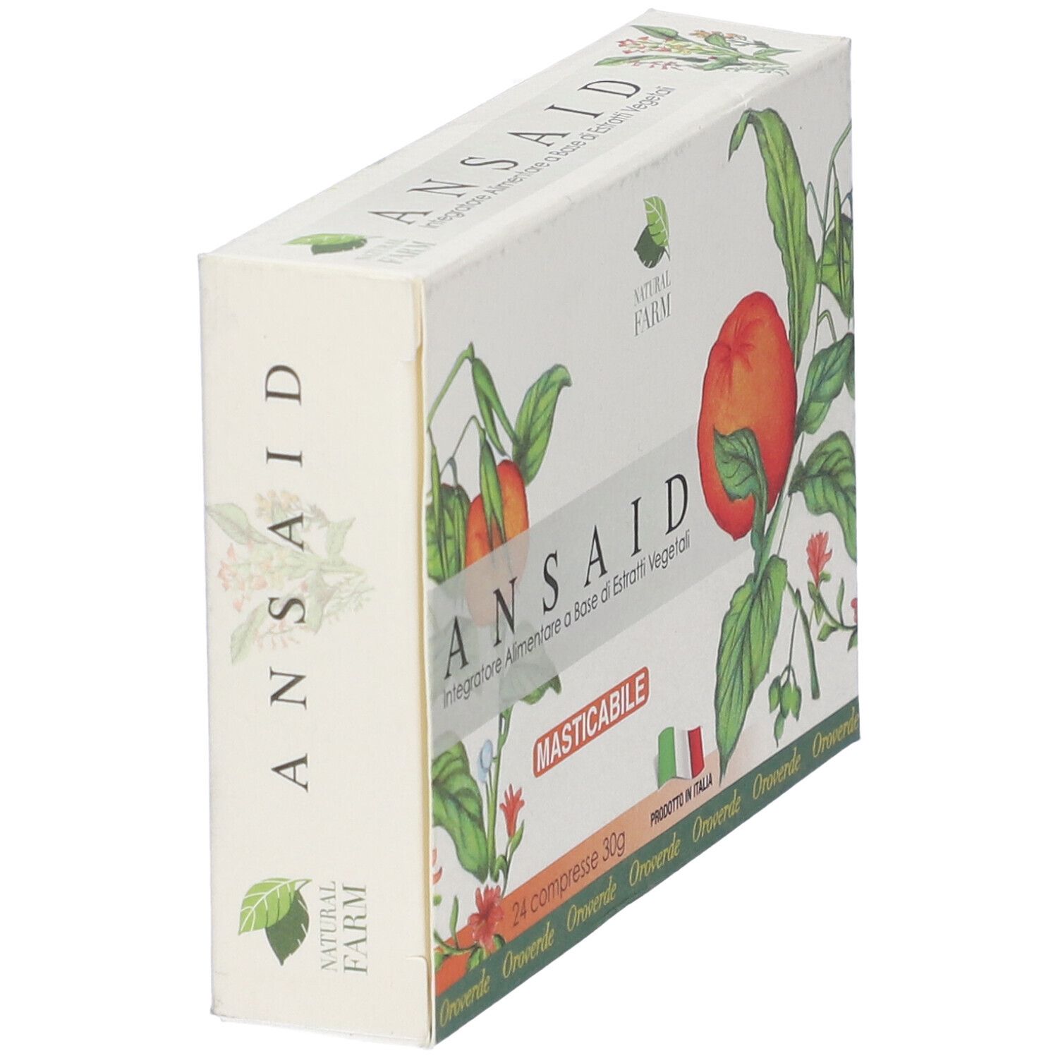 Scatola "ANSAID" in prospettiva. Illustrazioni di frutta e foglie. Testo: "24 compresse 30g".