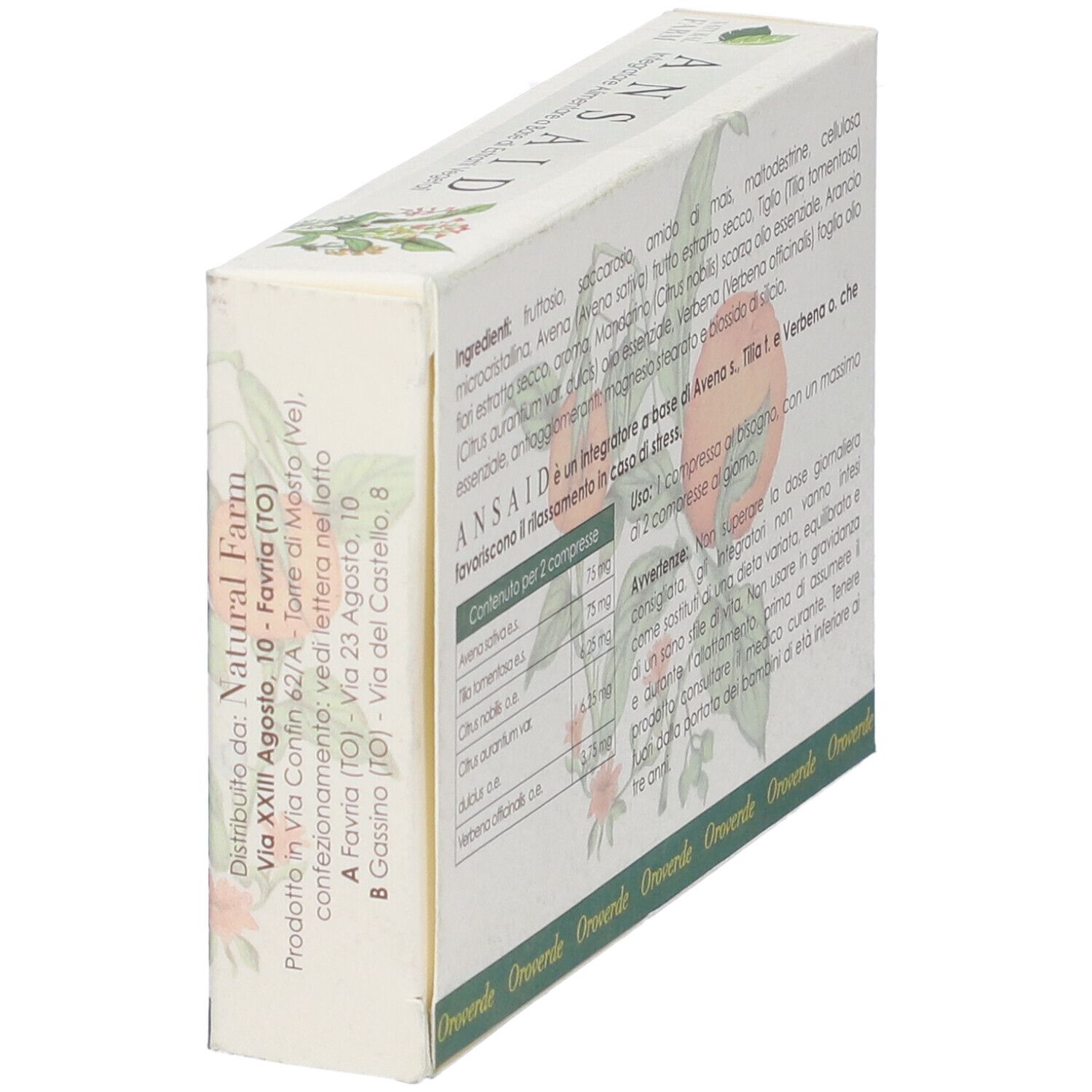 Scatola "ANSAID" in prospettiva. Testo con ingredienti e istruzioni per l'uso. Illustrazioni di frutta.