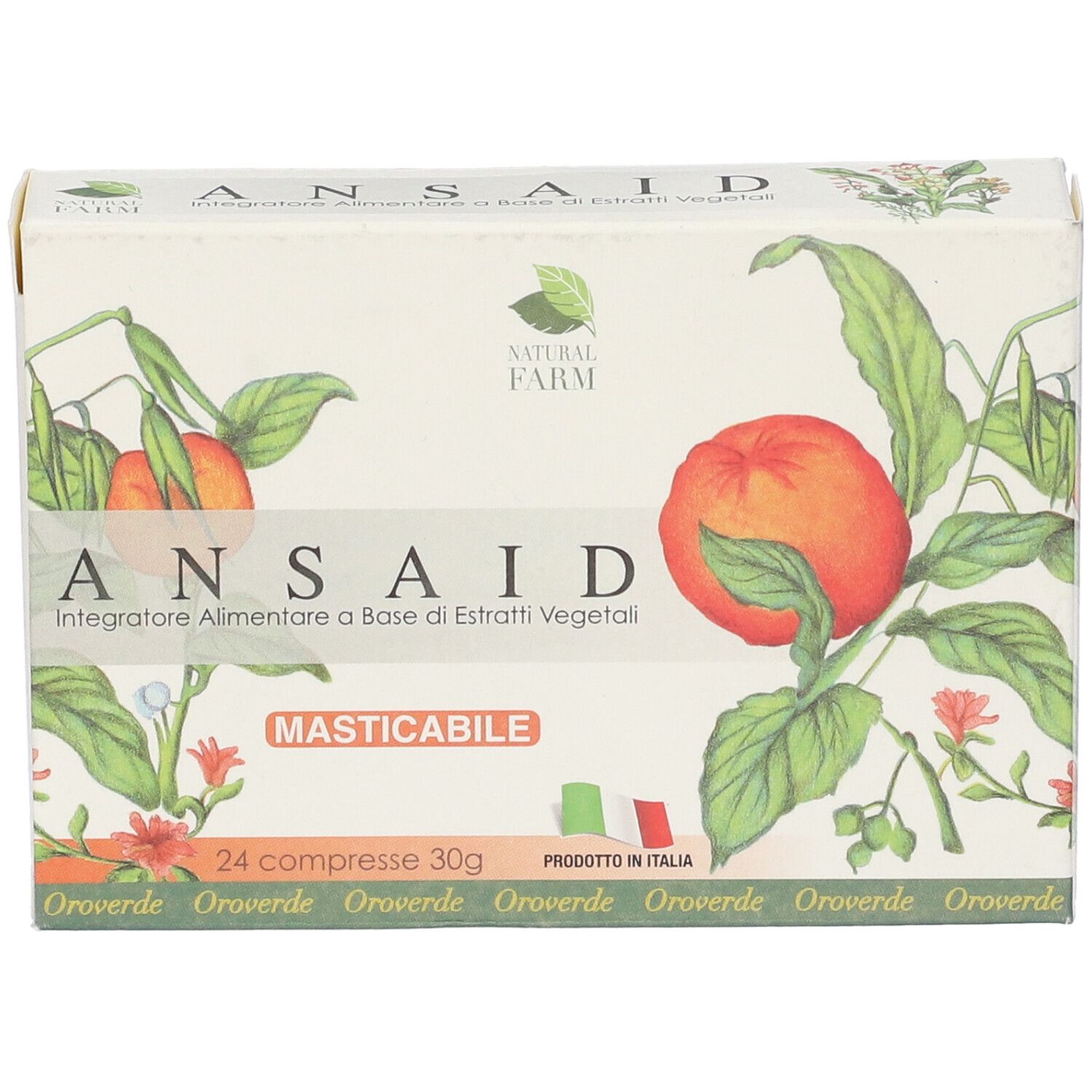Scatola "ANSAID". Illustrazioni di frutta e foglie. Testo: "24 compresse 30g". Bandiera italiana.