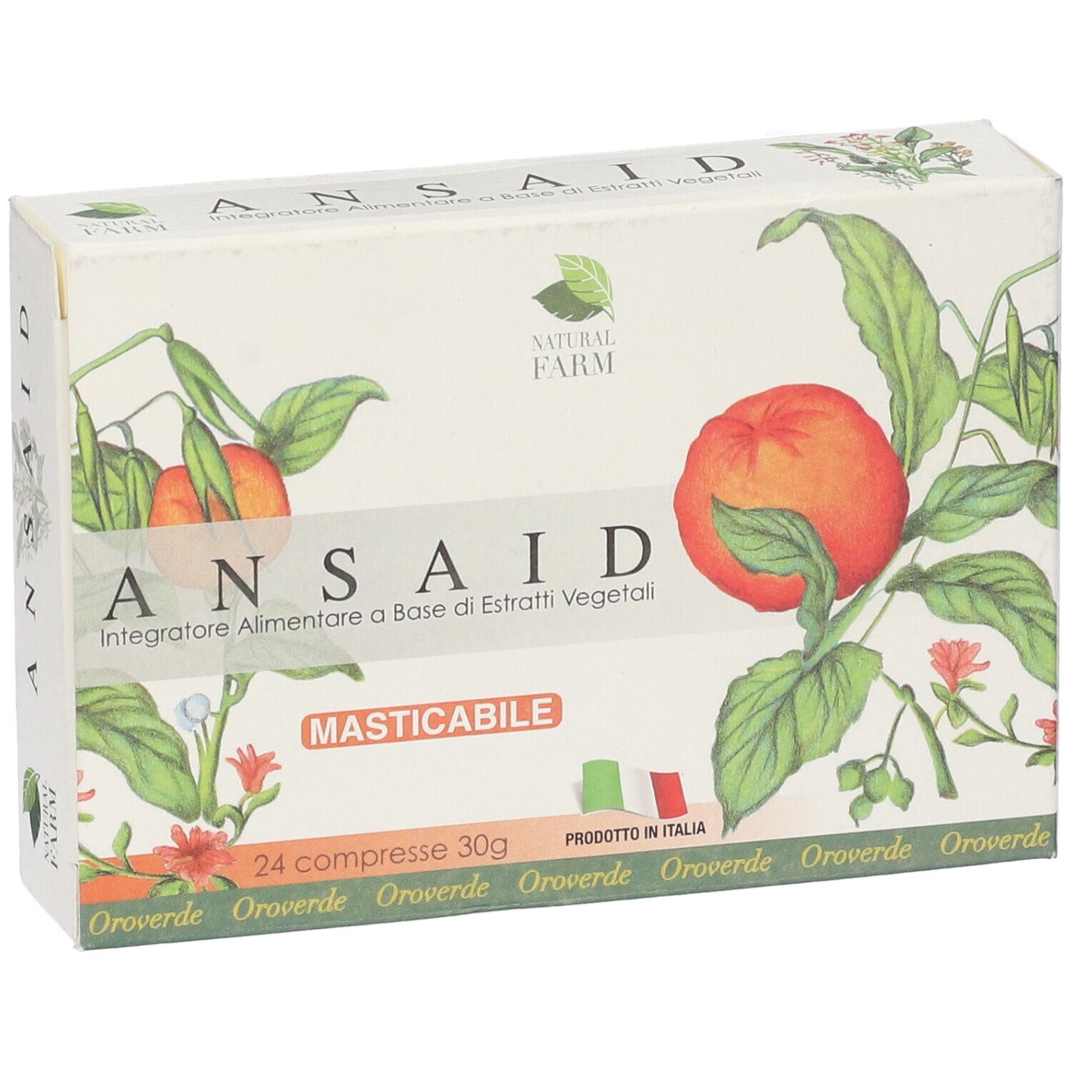 Scatola "ANSAID". Illustrazioni di frutta e foglie. Testo: "24 compresse 30g". Bandiera italiana.